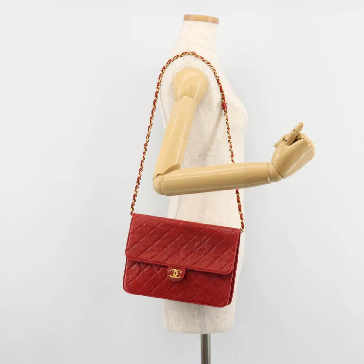 CHANEL Matelasse Chain Shoulder Bag Lamb Skin Red Gold CC Auth 181183