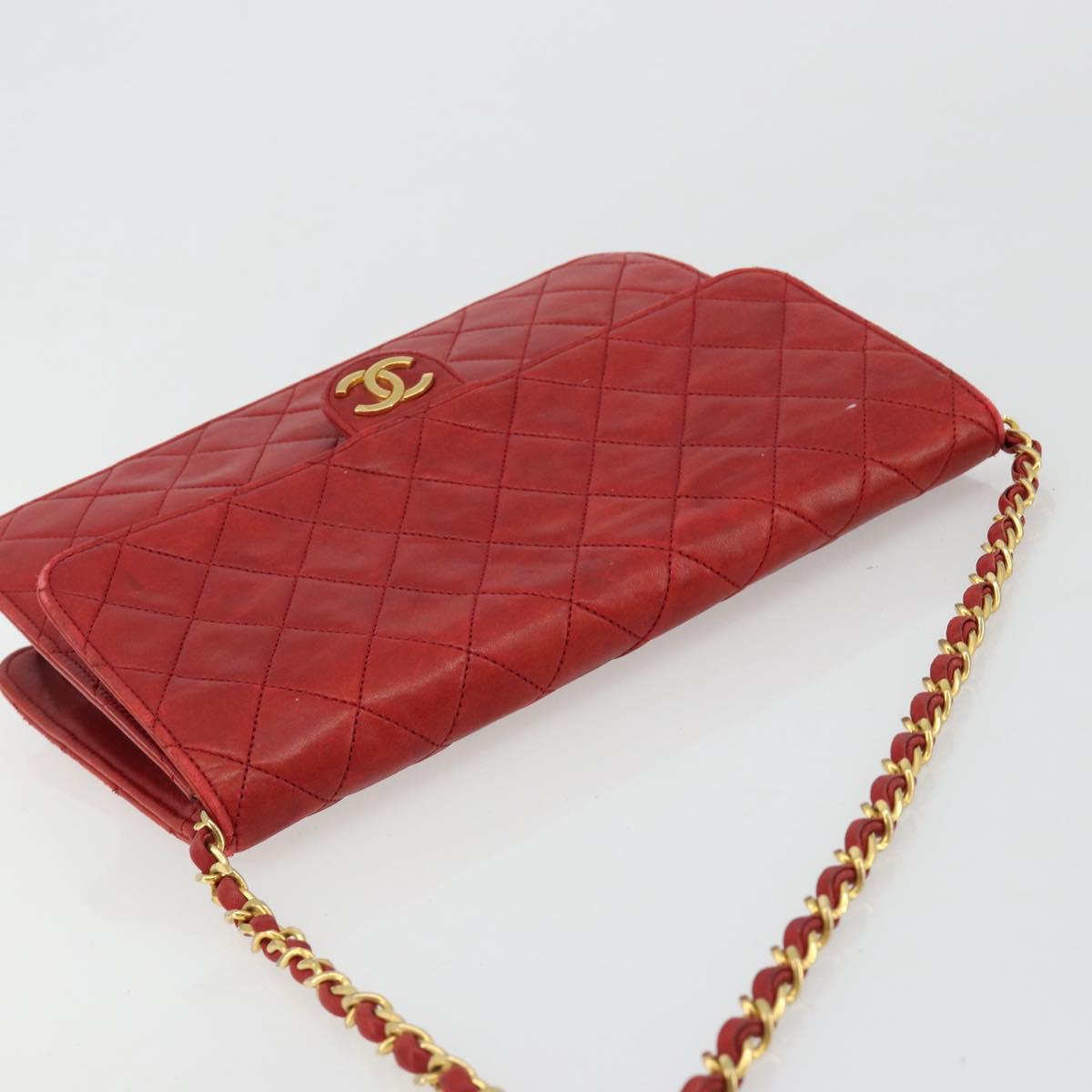 CHANEL Matelasse Chain Shoulder Bag Lamb Skin Red Gold CC Auth 181183