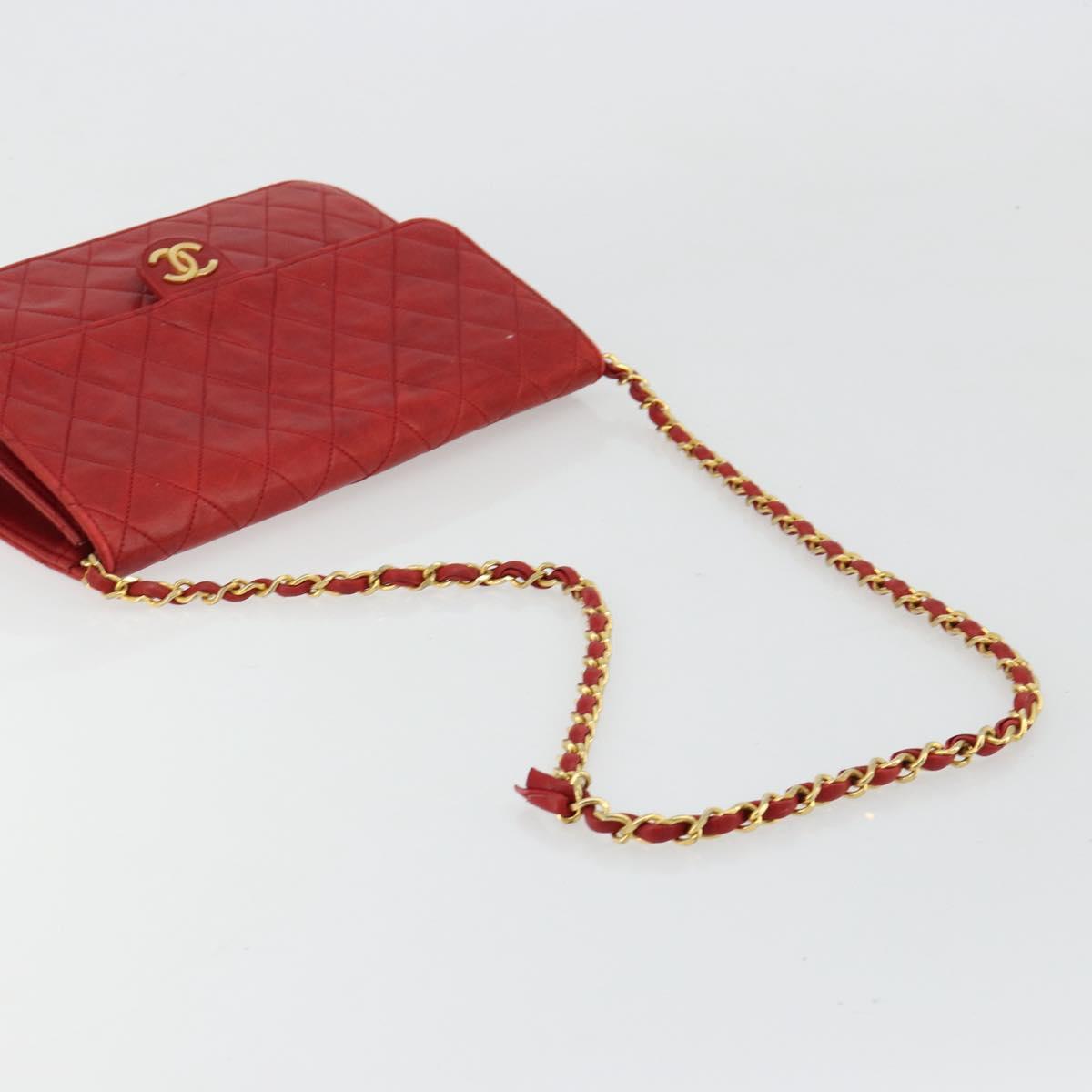 CHANEL Matelasse Chain Shoulder Bag Lamb Skin Red Gold CC Auth 181183