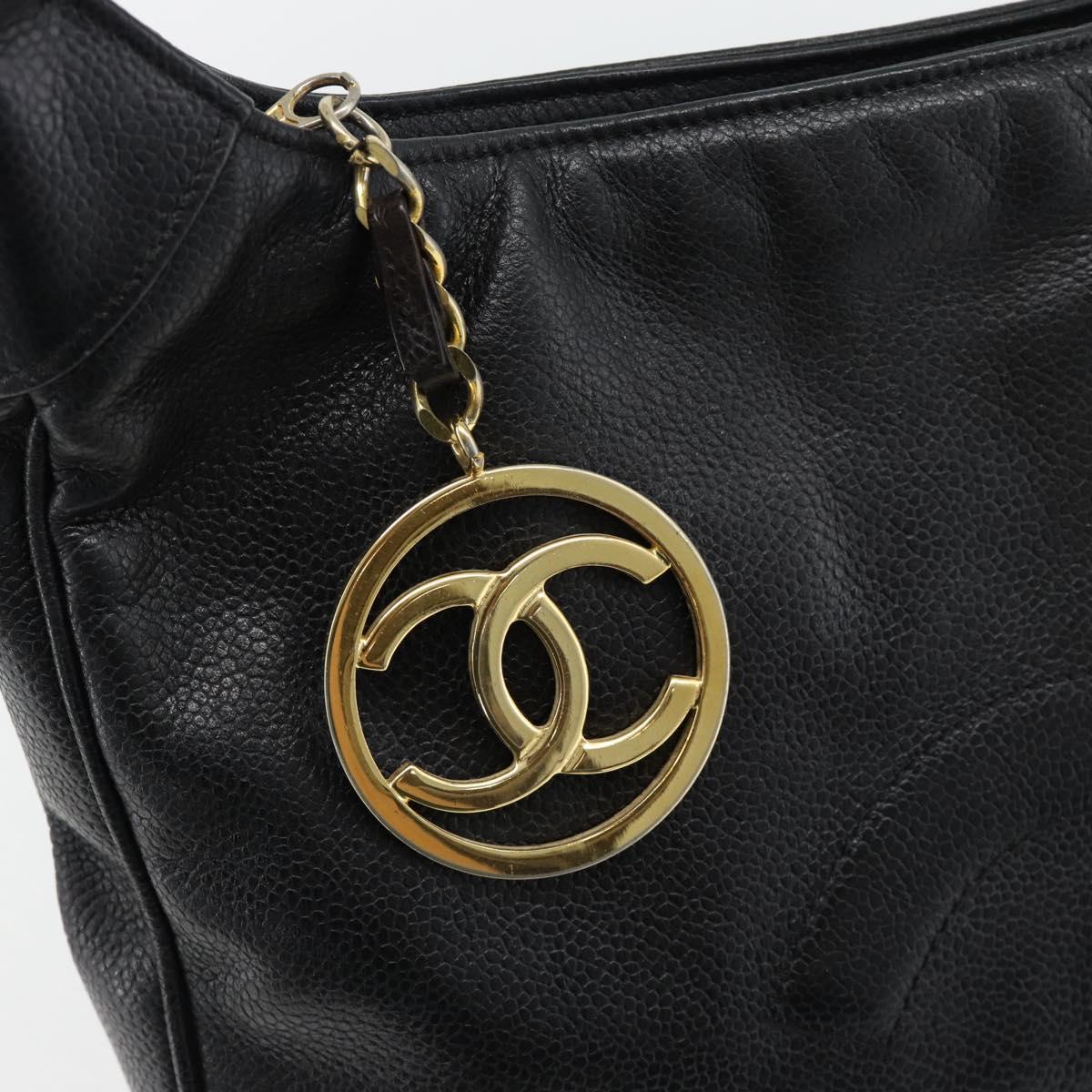 CHANEL Shoulder Bag Caviar Skin Black Gold CC Auth 181205A