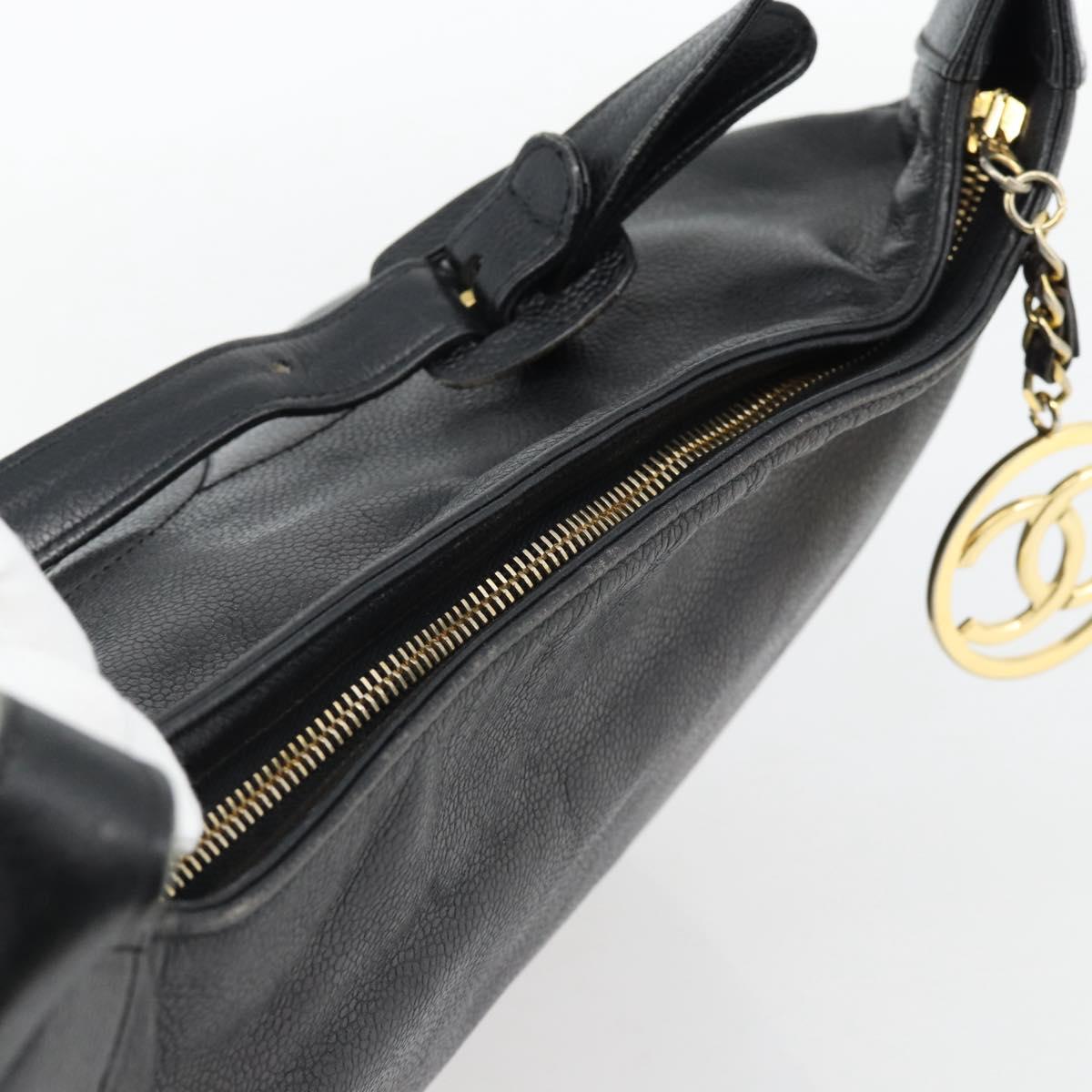 CHANEL Shoulder Bag Caviar Skin Black Gold CC Auth 181205A