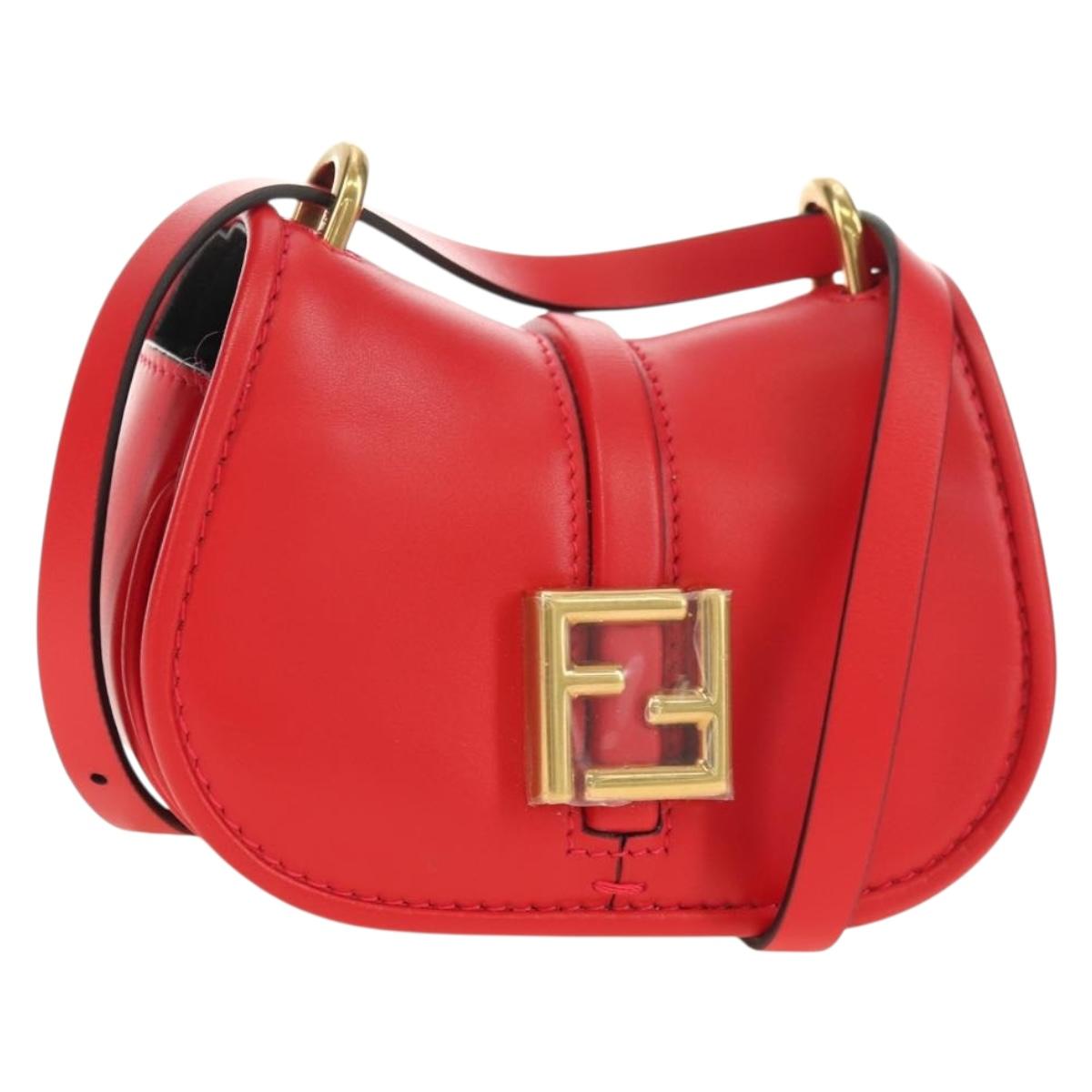 FENDI C'mon Small Shoulder Bag Leather Red Gold Auth 181237M