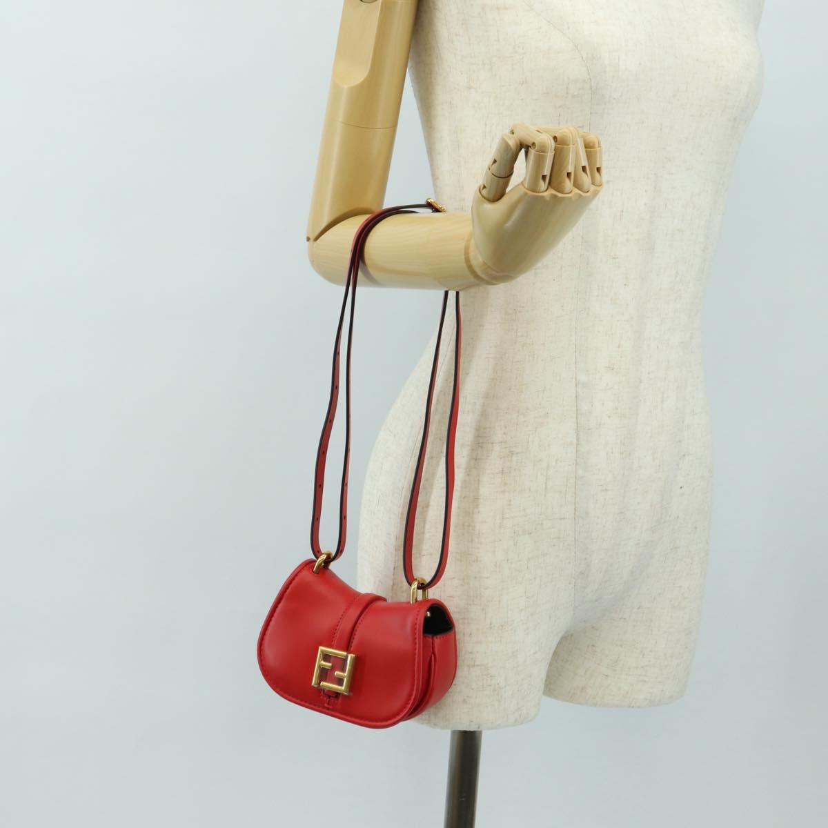 FENDI C'mon Small Shoulder Bag Leather Red Gold Auth 181237M