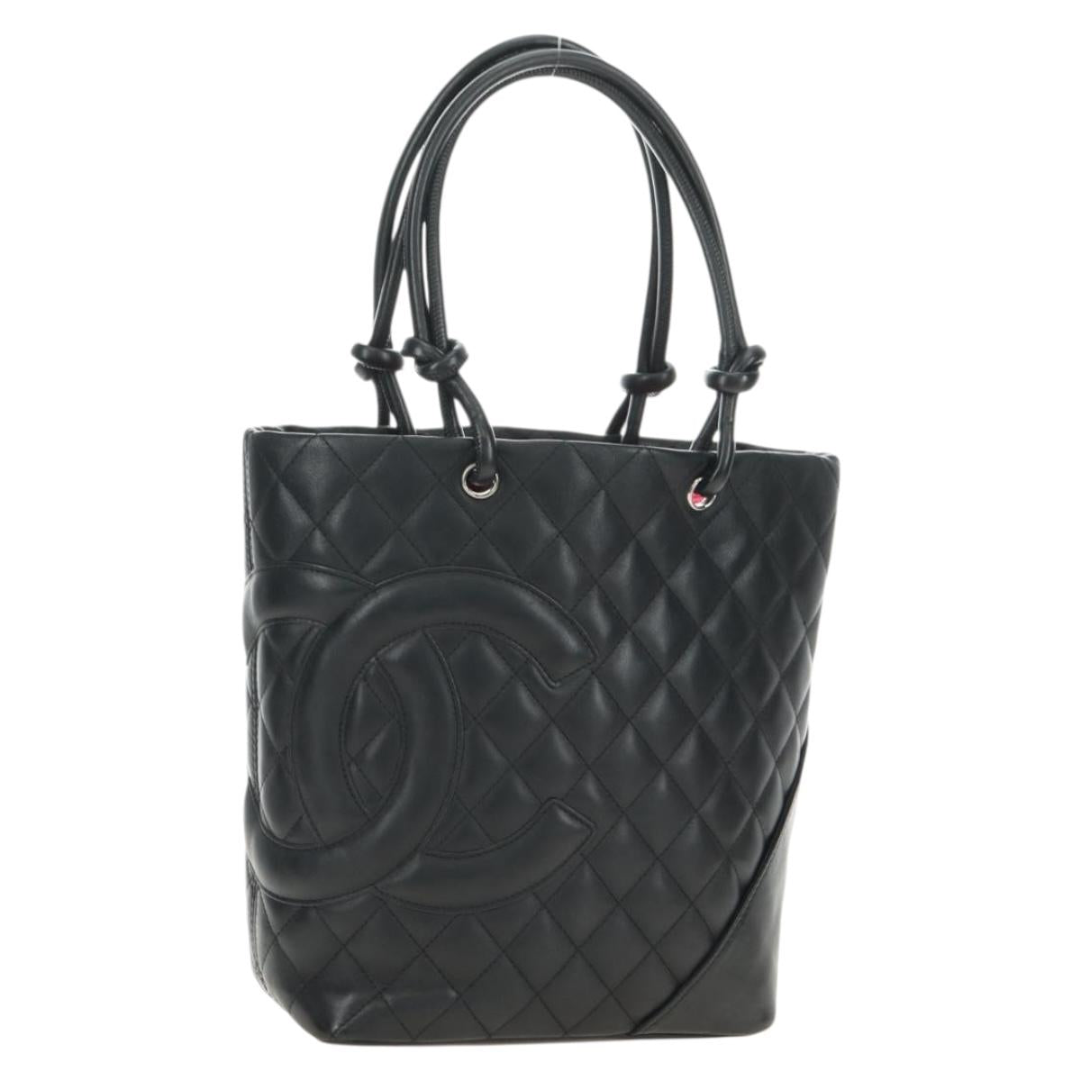 CHANEL Cambon Line Matelasse Tote Bag Leather Black Silver CC Auth 181252SAV