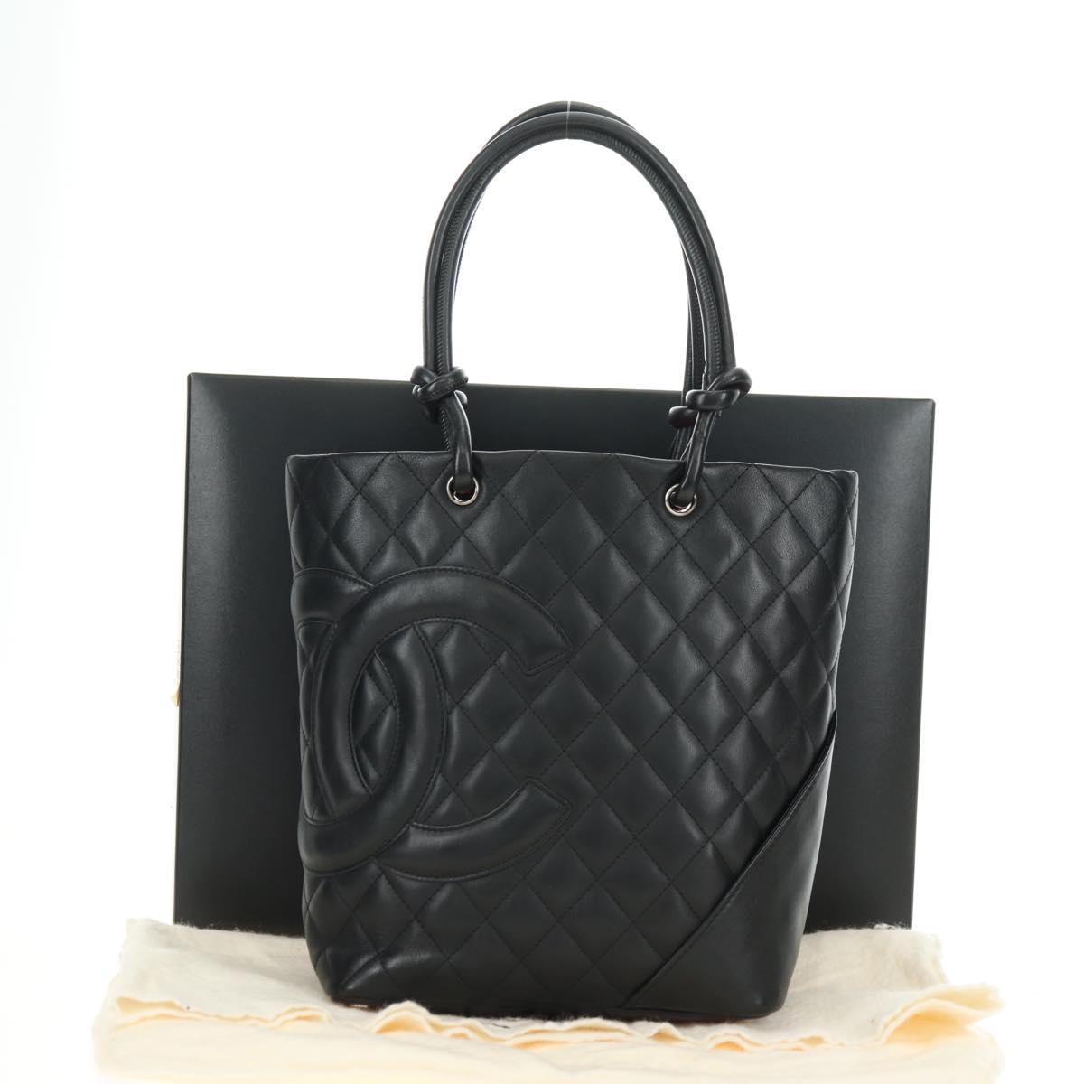 CHANEL Cambon Line Matelasse Tote Bag Leather Black Silver CC Auth 181252SAV
