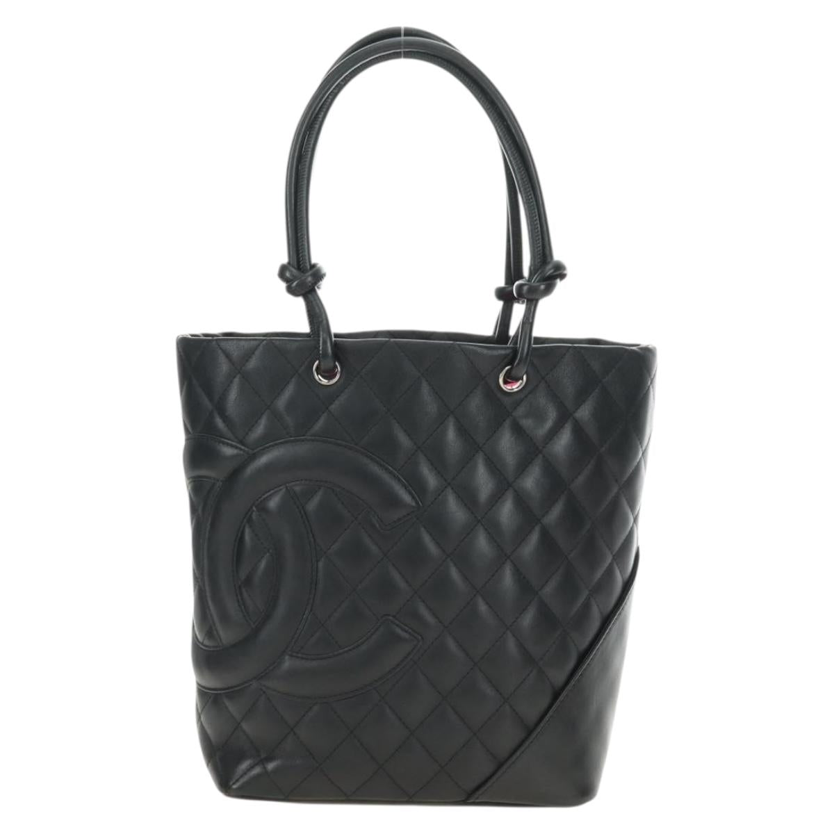 CHANEL Cambon Line Matelasse Tote Bag Leather Black Silver CC Auth 181252SAV