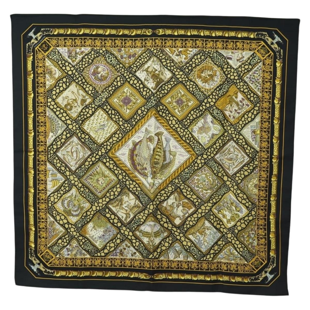 HERMES Carre 90 Scarf Silk ”MARE NOSTRUM” Black Auth 181284V