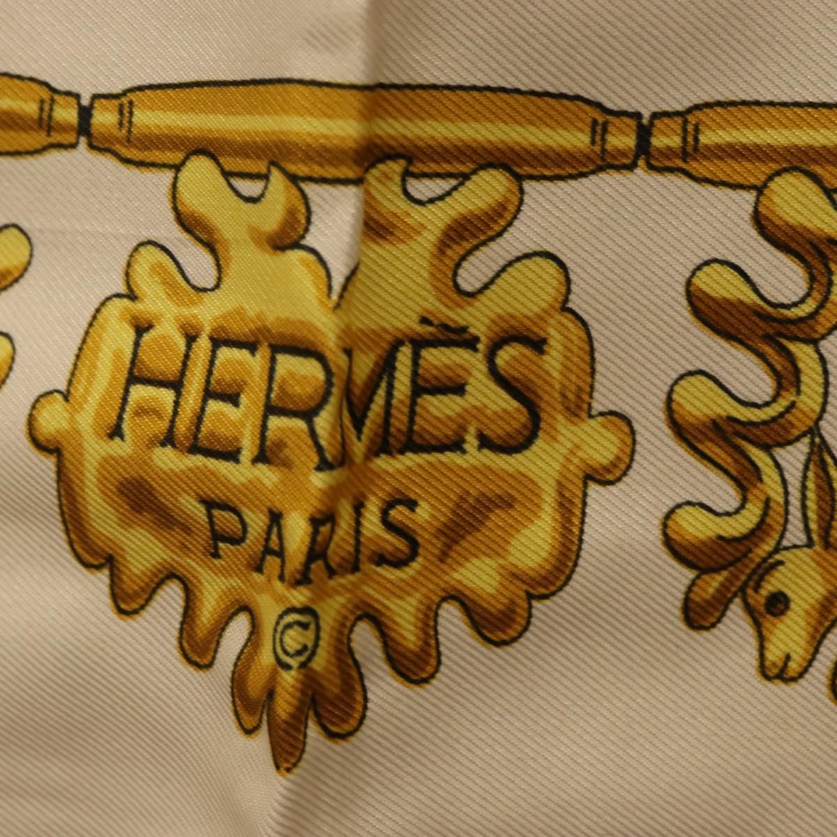 HERMES Carre 90 Scarf ""LES CAVALIERS D'OR"" Silk White Auth 181286