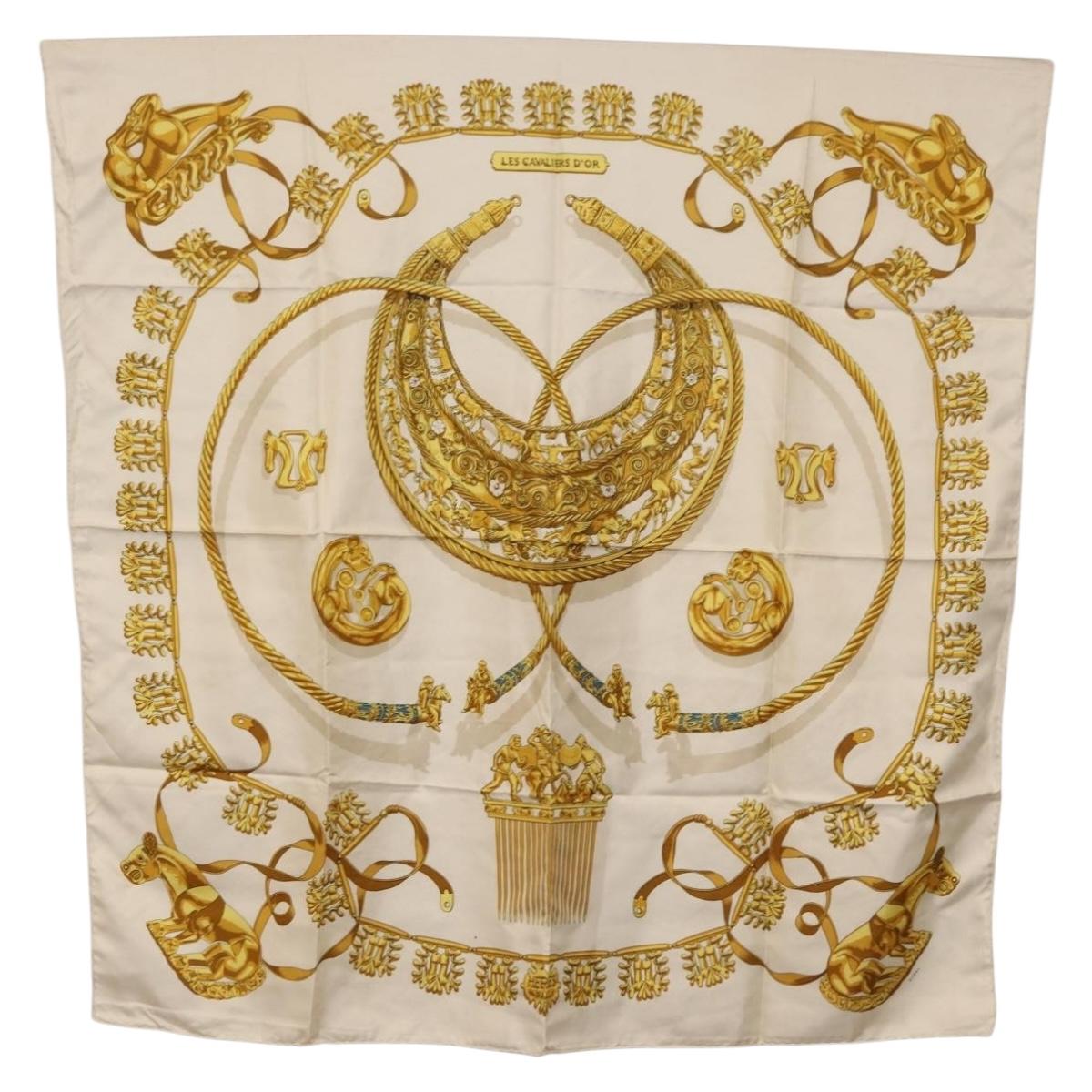 HERMES Carre 90 Scarf ""LES CAVALIERS D'OR"" Silk White Auth 181286