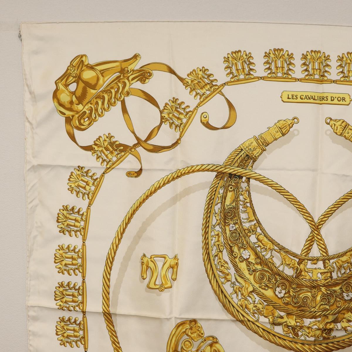 HERMES Carre 90 Scarf ""LES CAVALIERS D'OR"" Silk White Auth 181286