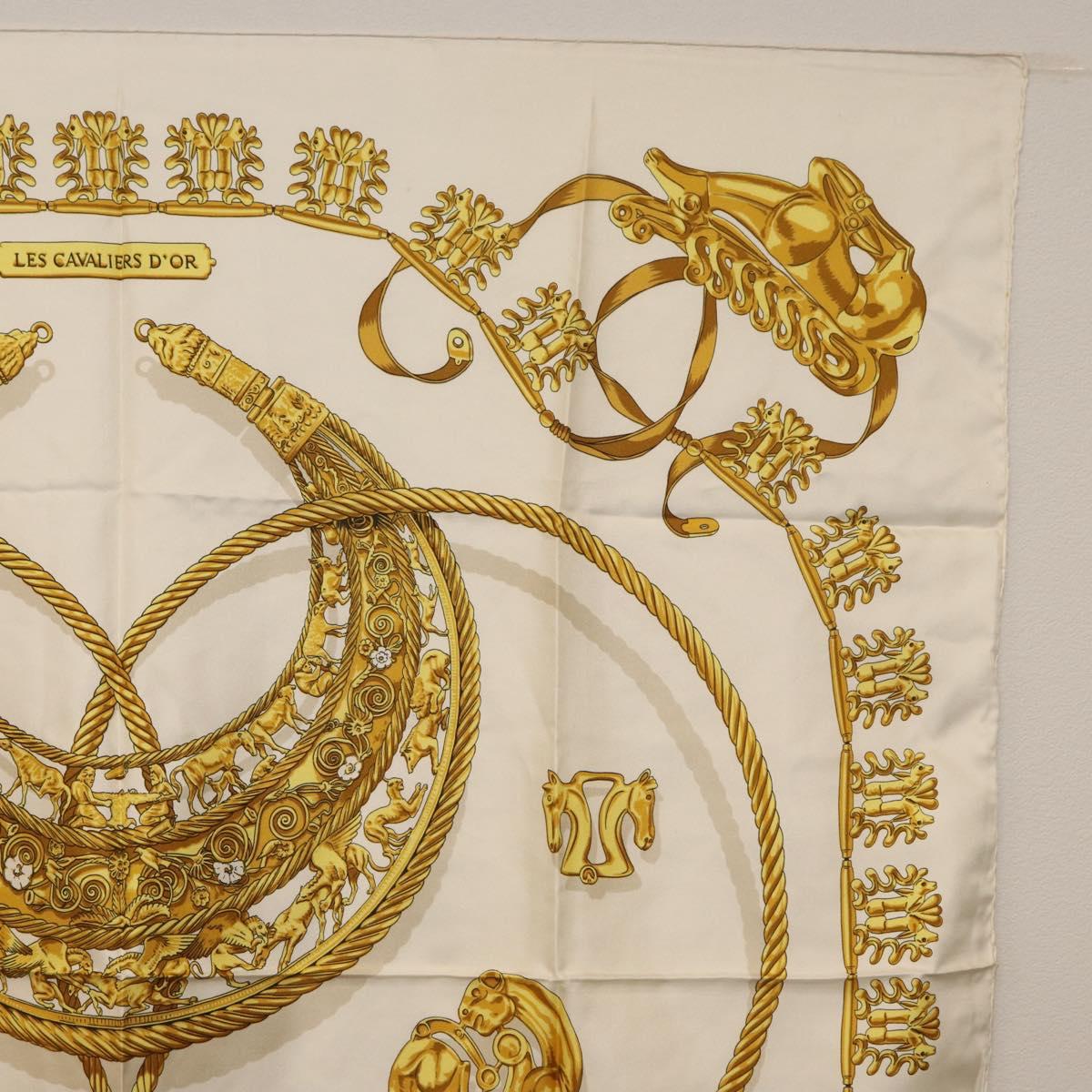 HERMES Carre 90 Scarf ""LES CAVALIERS D'OR"" Silk White Auth 181286