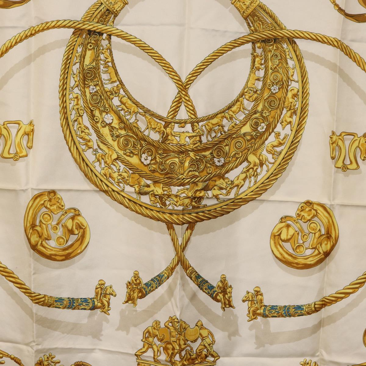 HERMES Carre 90 Scarf ""LES CAVALIERS D'OR"" Silk White Auth 181286