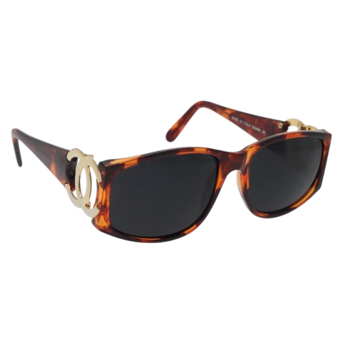 CHANEL COCO Mark Sunglasses Plastic Brown Gold CC Auth 181291M