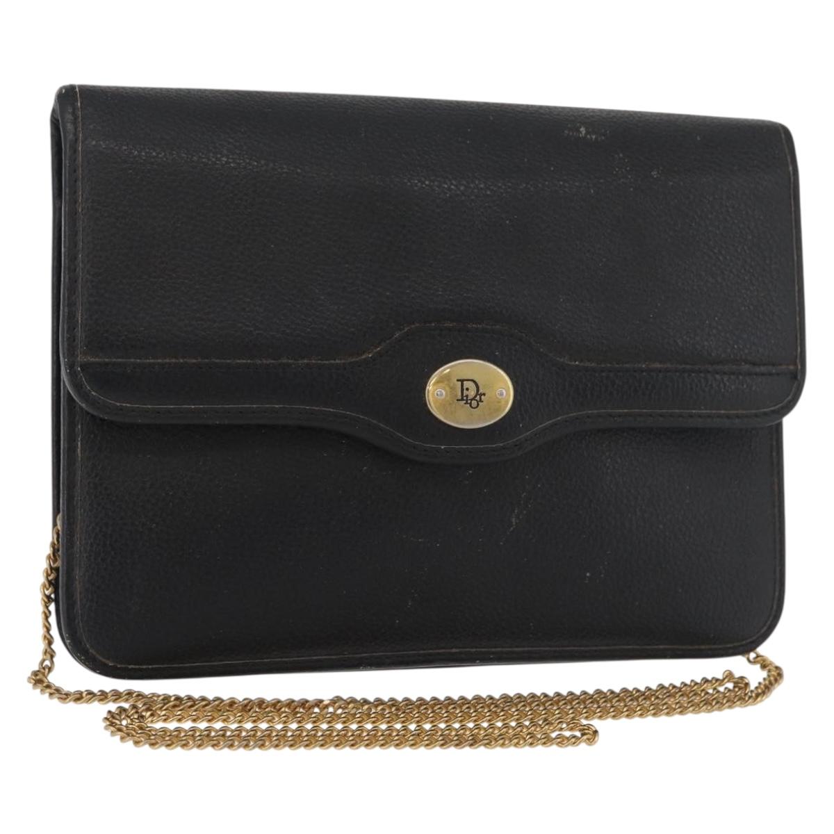 Christian Dior Chain Shoulder Bag Leather Black Gold Auth 181317
