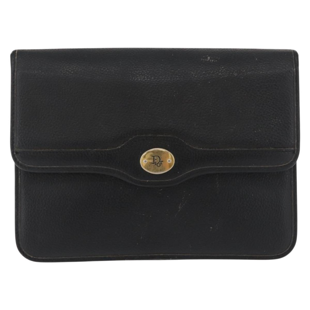 Christian Dior Chain Shoulder Bag Leather Black Gold Auth 181317