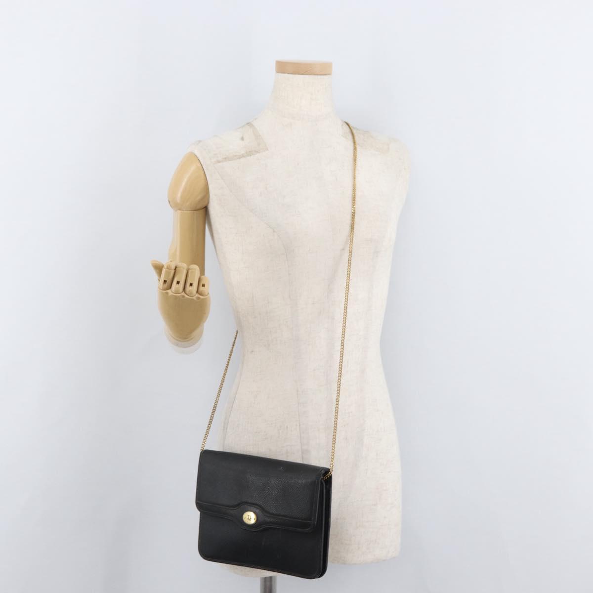 Christian Dior Chain Shoulder Bag Leather Black Gold Auth 181317