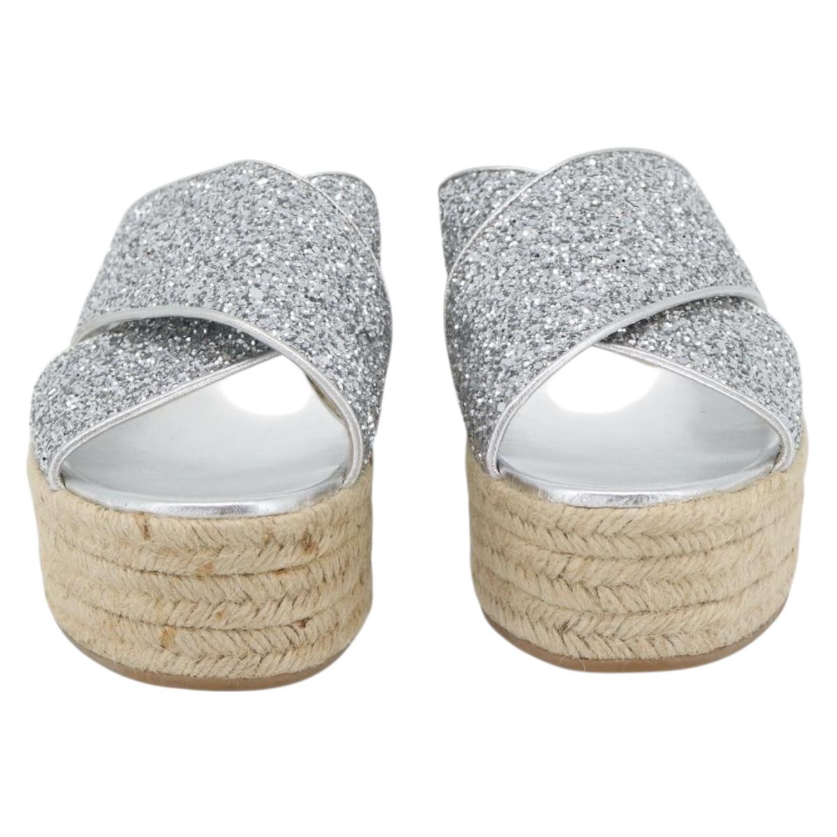 Miu Miu Glitter Sandals Raffia Silver Auth 181327A