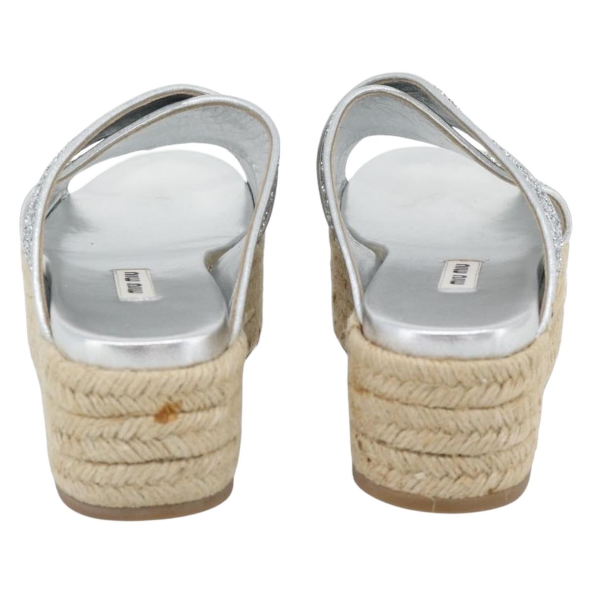 Miu Miu Glitter Sandals Raffia Silver Auth 181327A