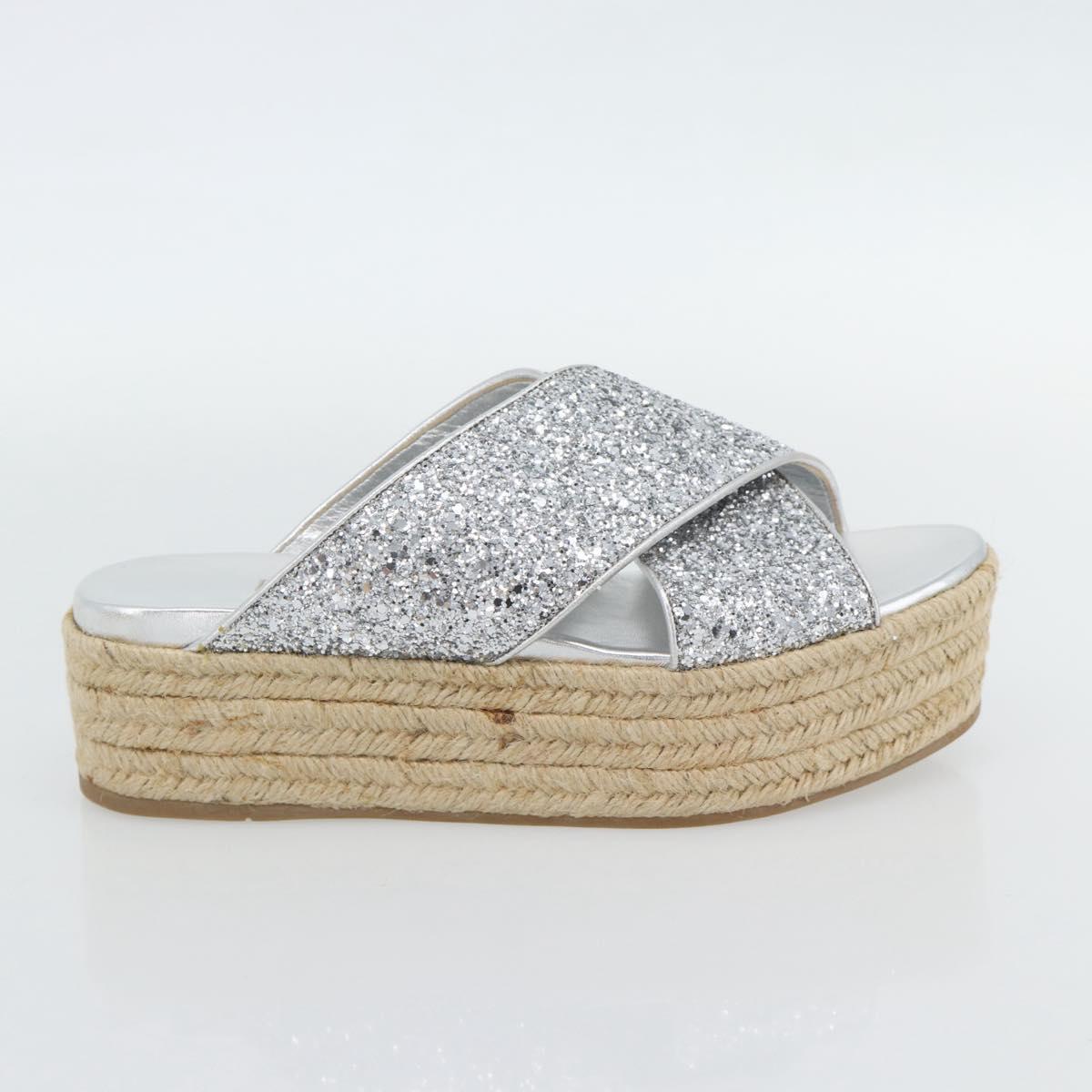 Miu Miu Glitter Sandals Raffia Silver Auth 181327A