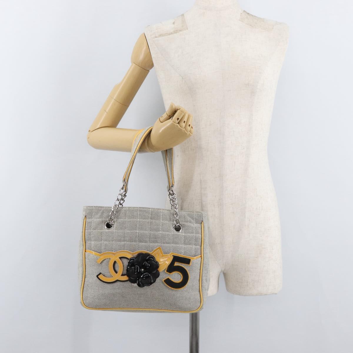 CHANEL Choco Bar Chain Shoulder Bag Canvas Gray Silver CC Auth 181350A