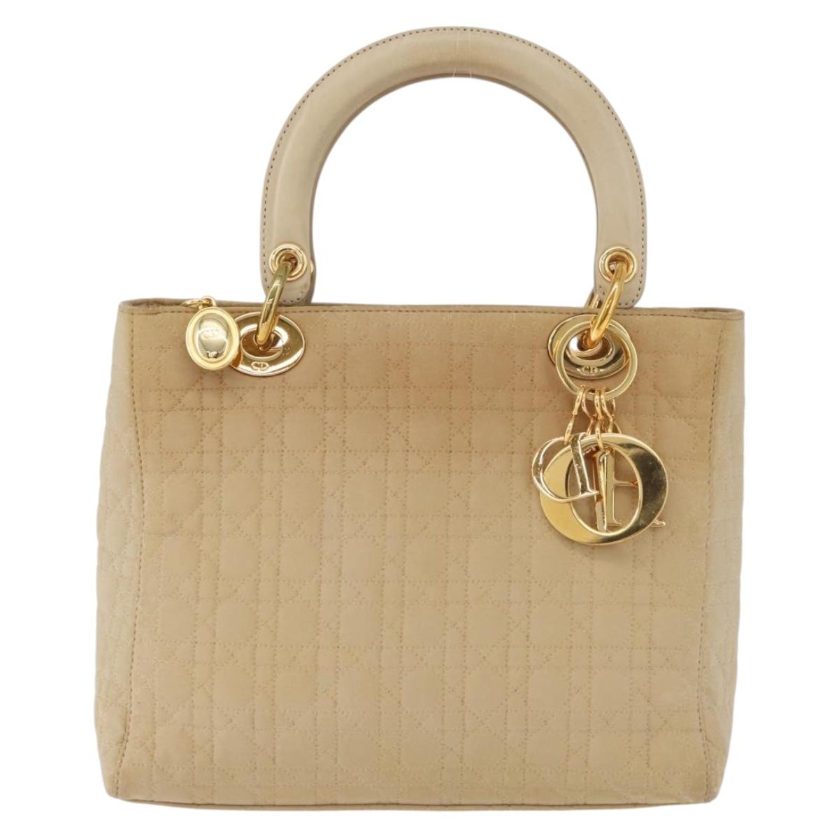 Christian Dior Canage Lady Dior Hand Bag Nylon Beige Gold Auth 181360