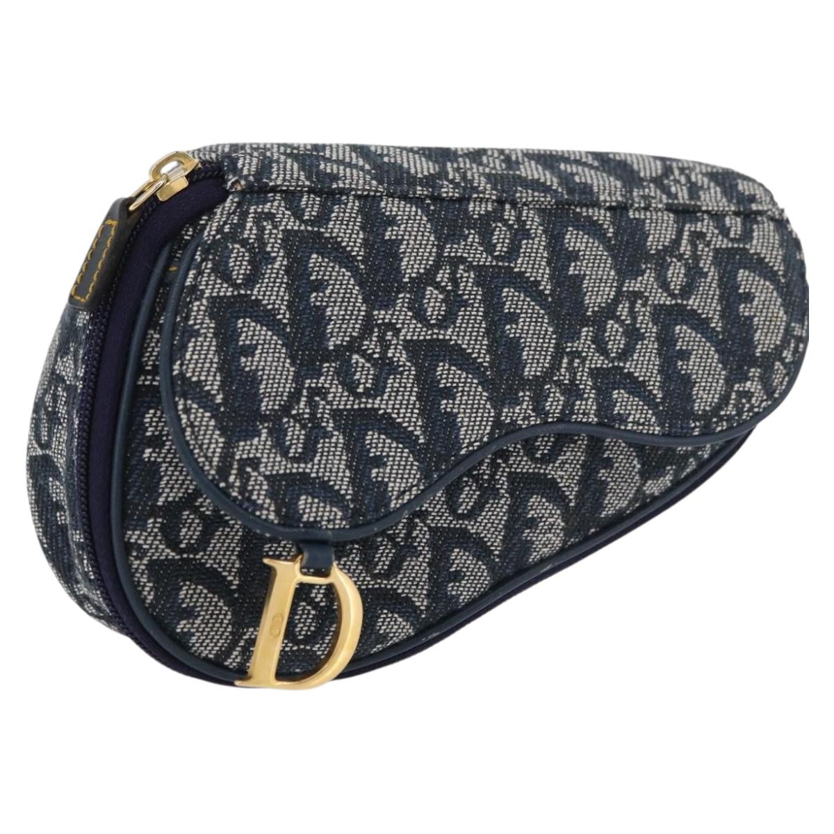 Christian Dior Trotter Canvas Saddle Pouch Navy Gold Auth 181372A