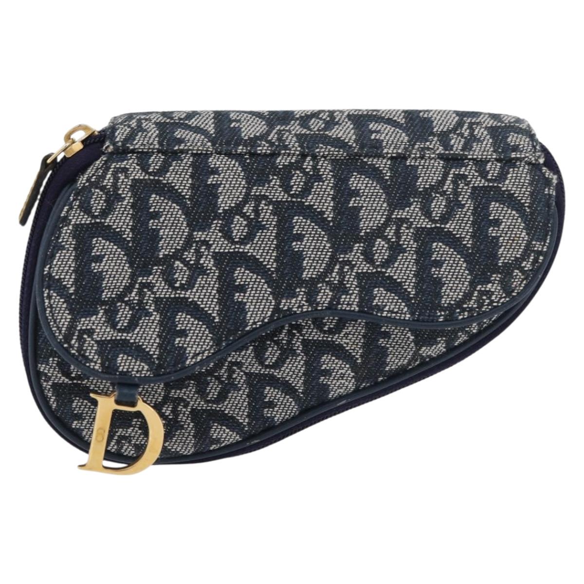 Christian Dior Trotter Canvas Saddle Pouch Navy Gold Auth 181372A