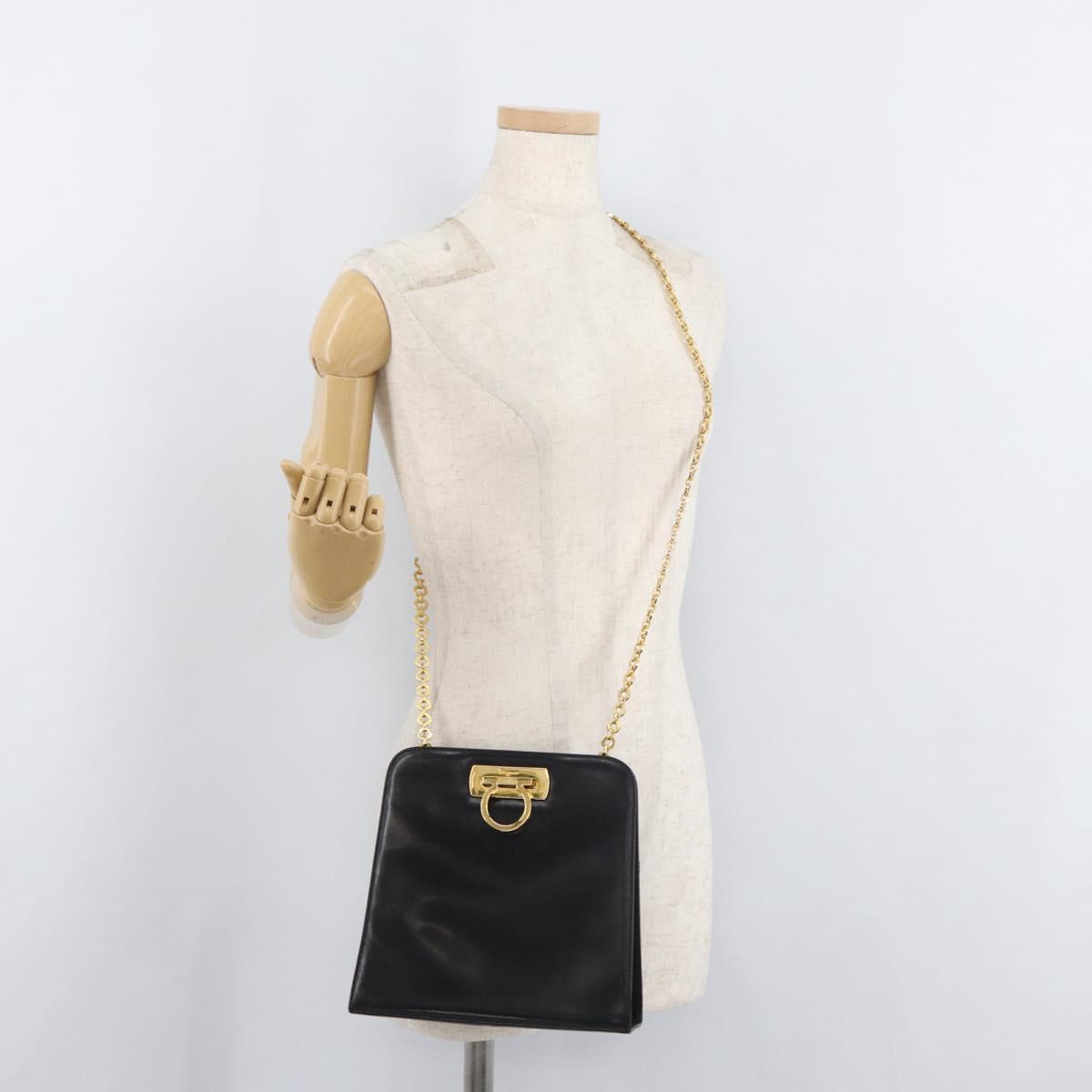 Salvatore Ferragamo Gancini Shoulder Bag Leather Black Gold Auth 181384