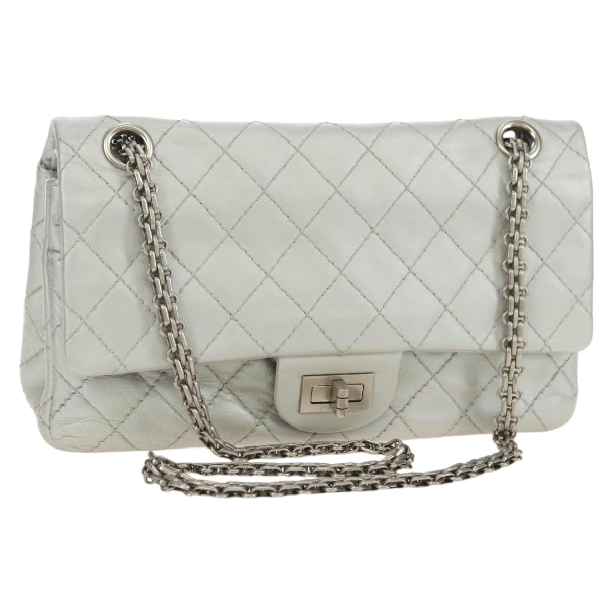 CHANEL 2.55 Chain Shoulder Bag Lamb Skin Silver CC Auth 181385SAM