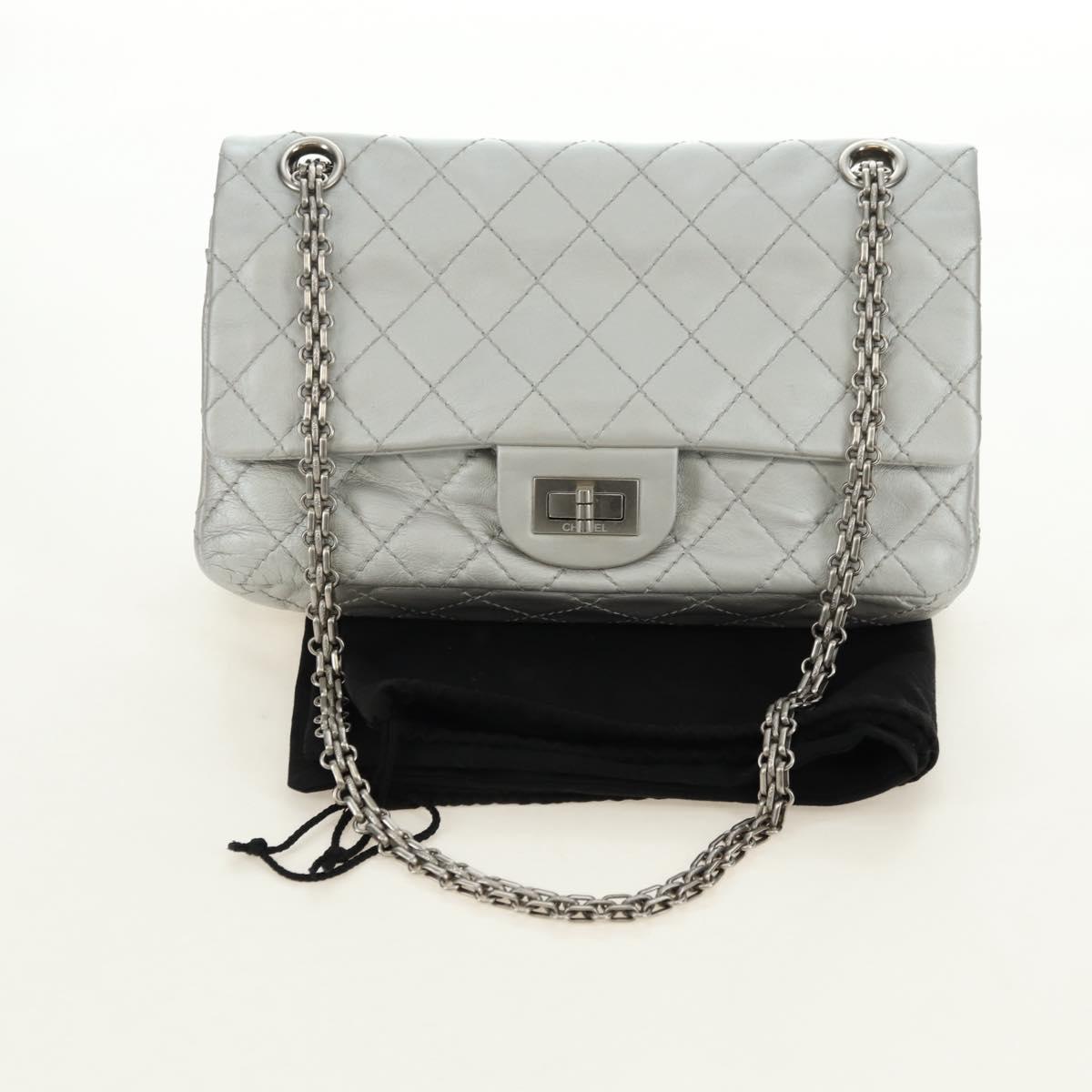 CHANEL 2.55 Chain Shoulder Bag Lamb Skin Silver CC Auth 181385SAM