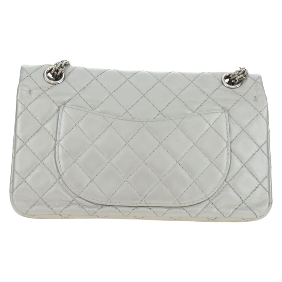 CHANEL 2.55 Chain Shoulder Bag Lamb Skin Silver CC Auth 181385SAM
