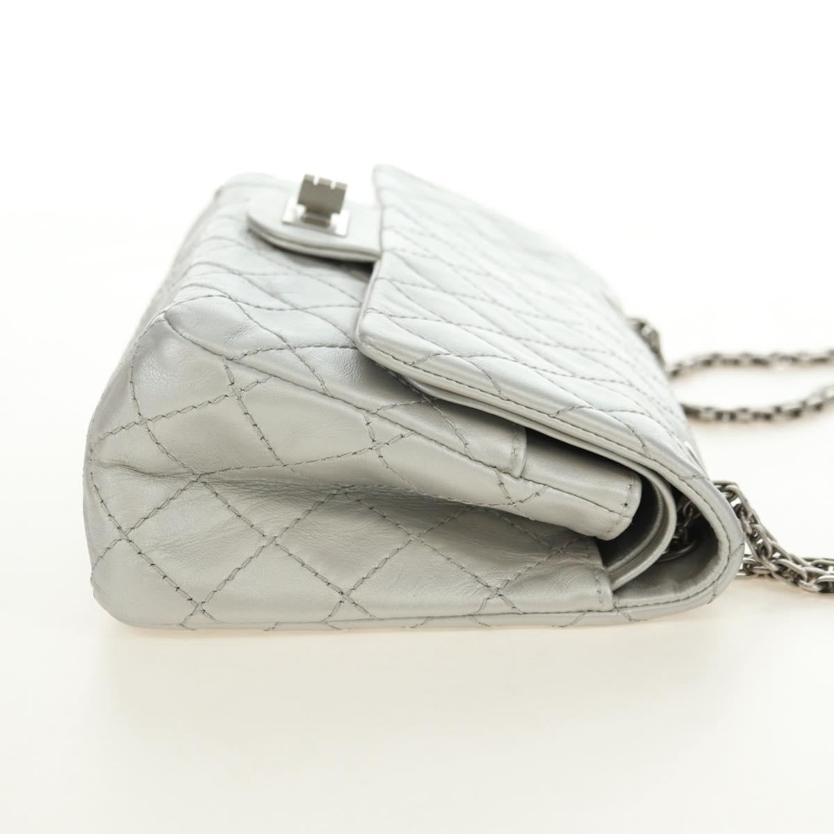 CHANEL 2.55 Chain Shoulder Bag Lamb Skin Silver CC Auth 181385SAM
