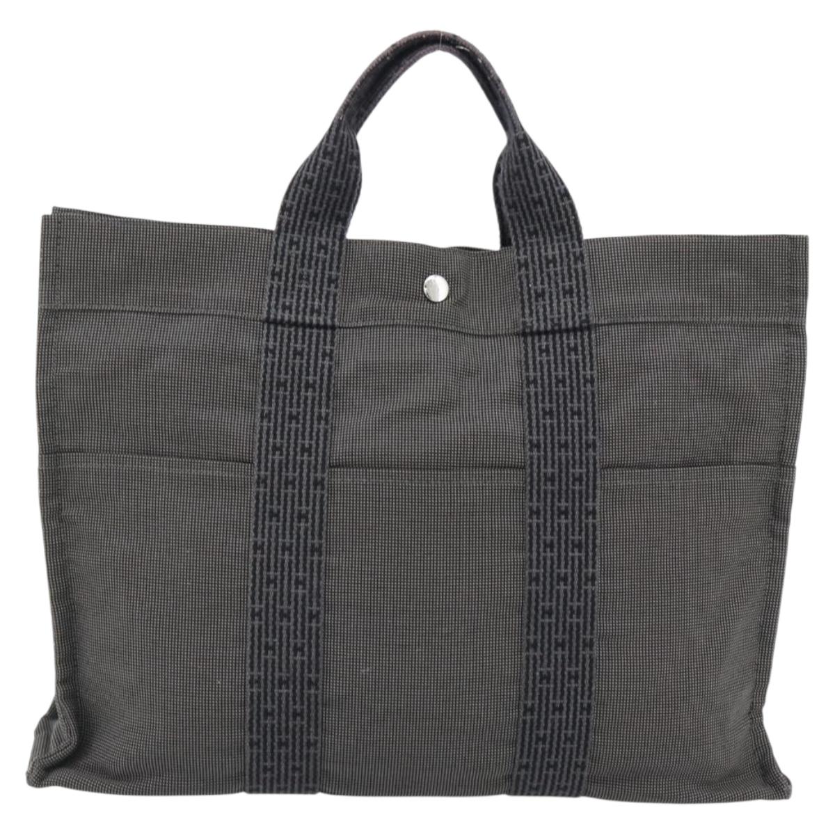 HERMES Her Line MM Hand Bag Canvas Gray Silver Auth 181392