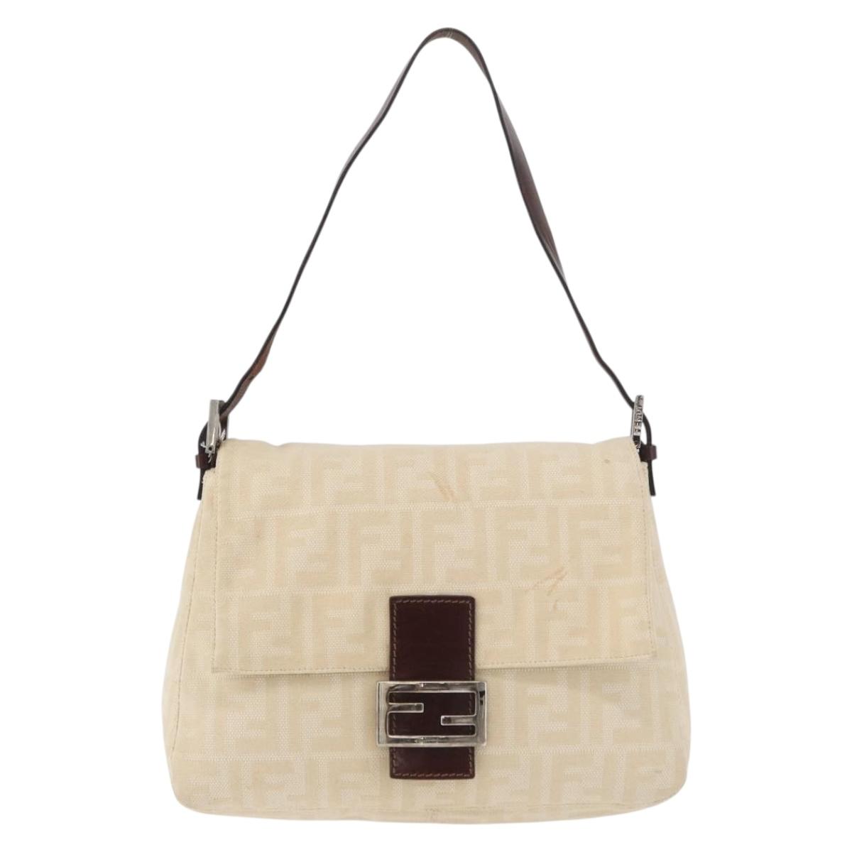 FENDI Zucca Canvas Mamma Baguette Shoulder Bag Ivory Silver Auth 181410A