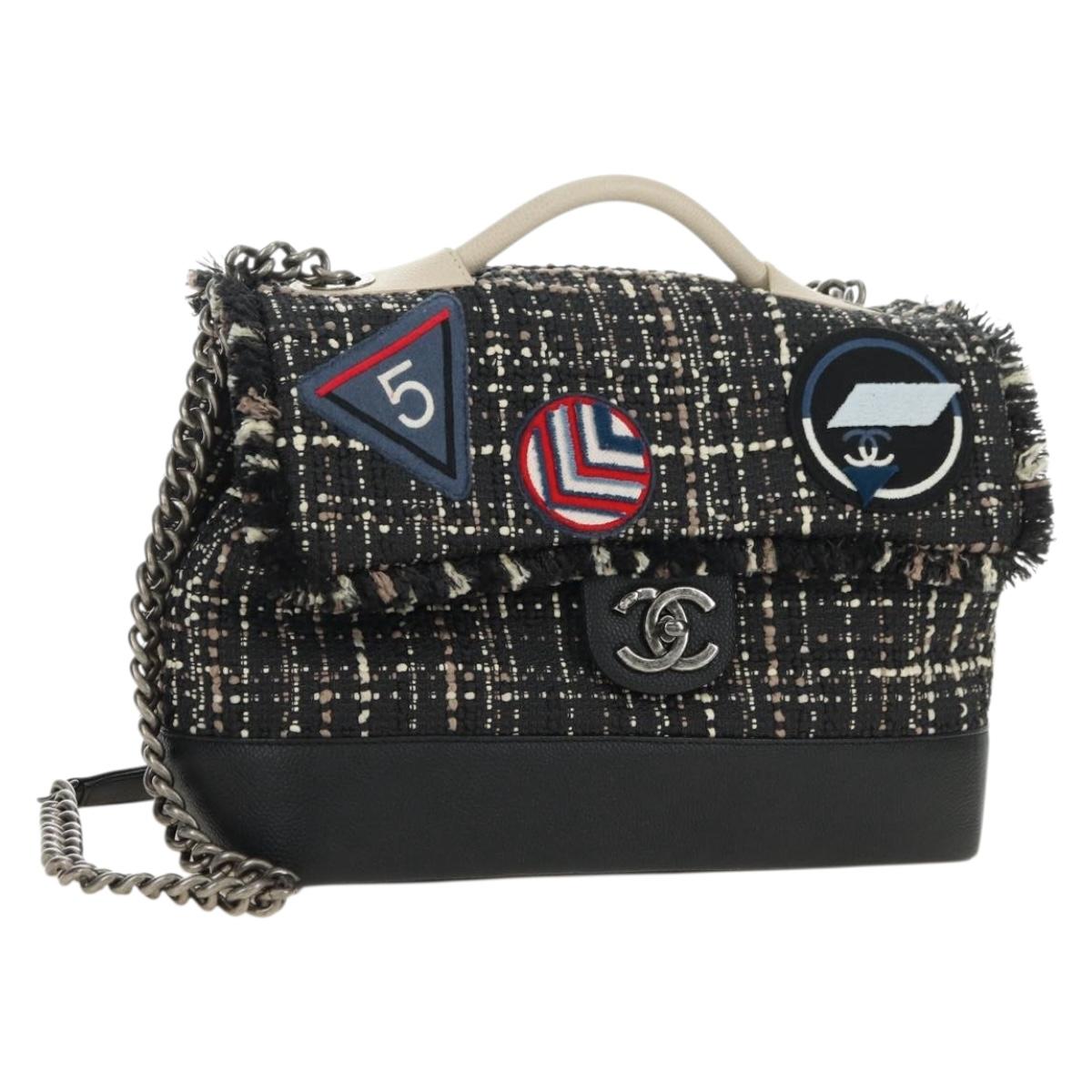 CHANEL Airline Chain Shoulder Bag Tweed 2way Black Silver CC Auth 181416SM