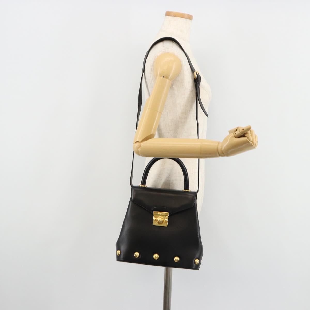 Salvatore Ferragamo Gancini Hand Bag Leather 2way Black Gold Auth 181422A