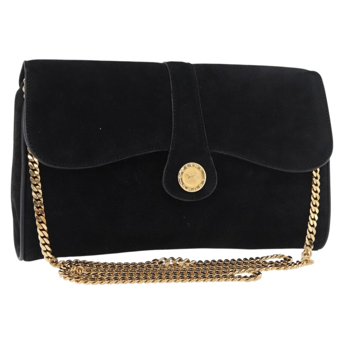 CELINE Chain Shoulder Bag Suede Black Gold Auth 181433A