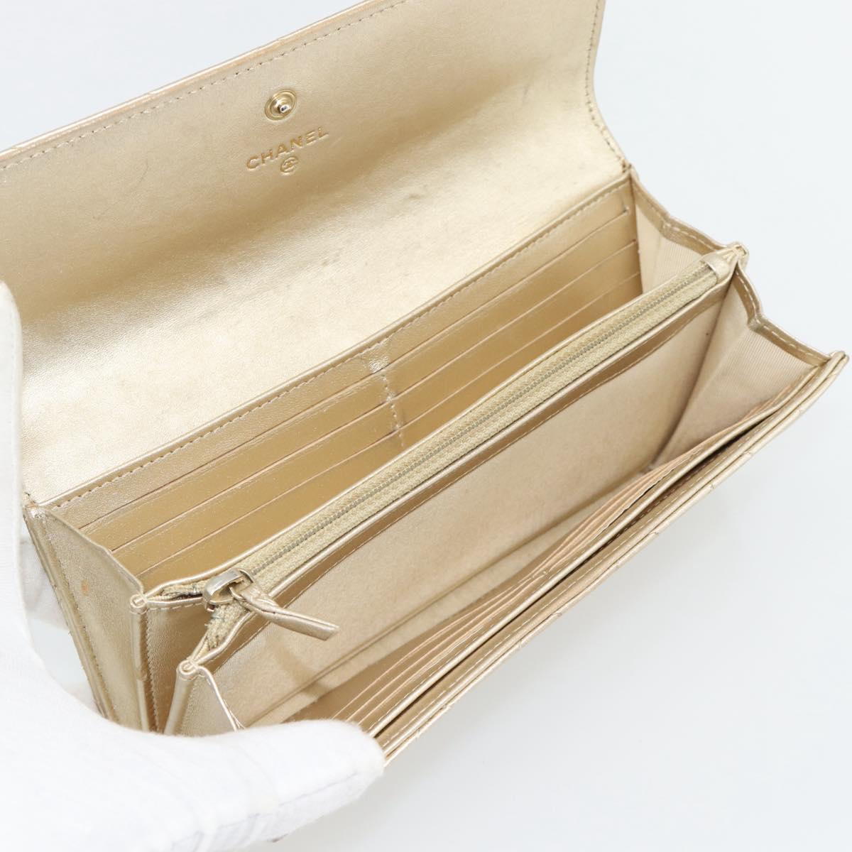 CHANEL Matelasse Long Wallet Lamb Skin Champagne Gold CC Auth 181461A