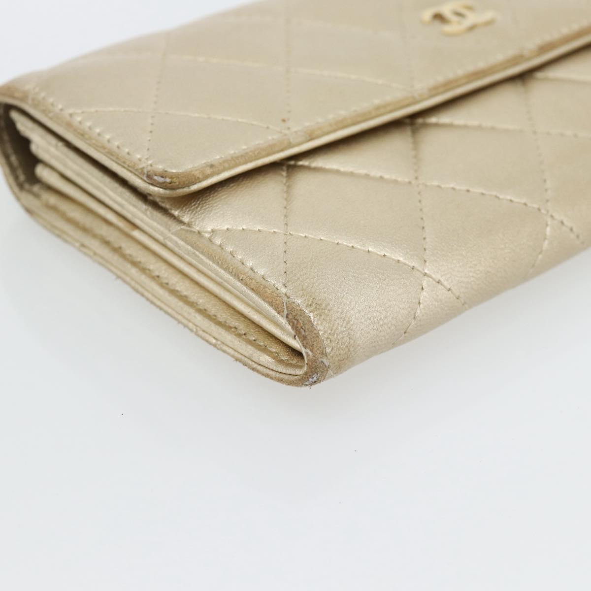 CHANEL Matelasse Long Wallet Lamb Skin Champagne Gold CC Auth 181461A