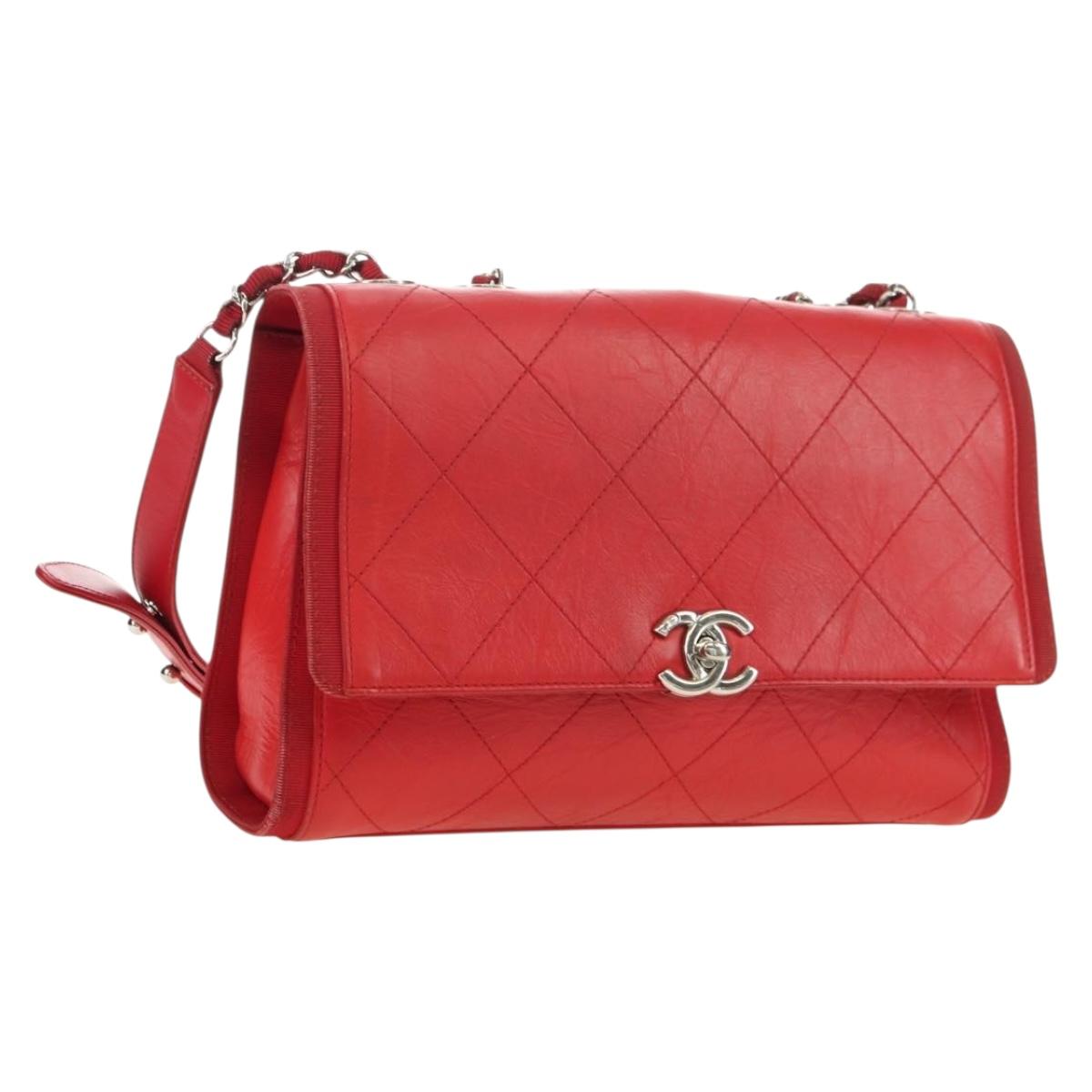 CHANEL Chain Shoulder Bag Calf Skin Red Silver CC Auth 181465M