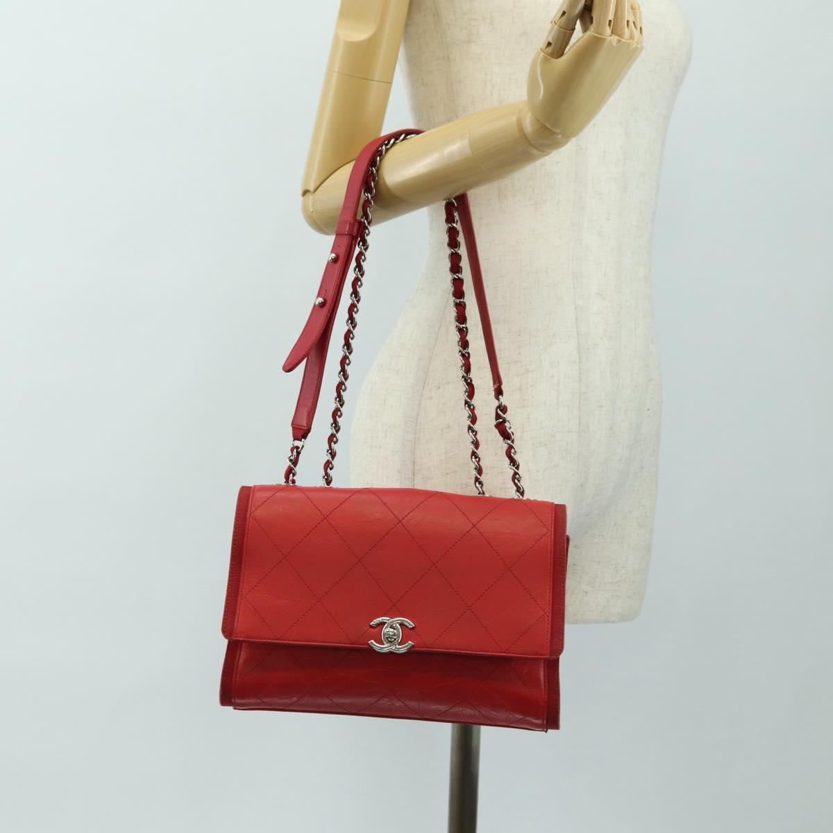 CHANEL Chain Shoulder Bag Calf Skin Red Silver CC Auth 181465M