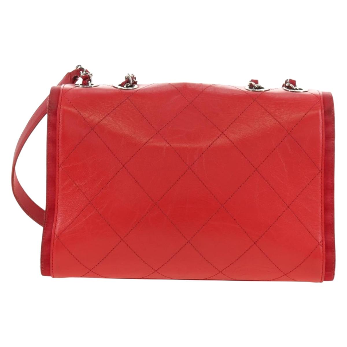 CHANEL Chain Shoulder Bag Calf Skin Red Silver CC Auth 181465M