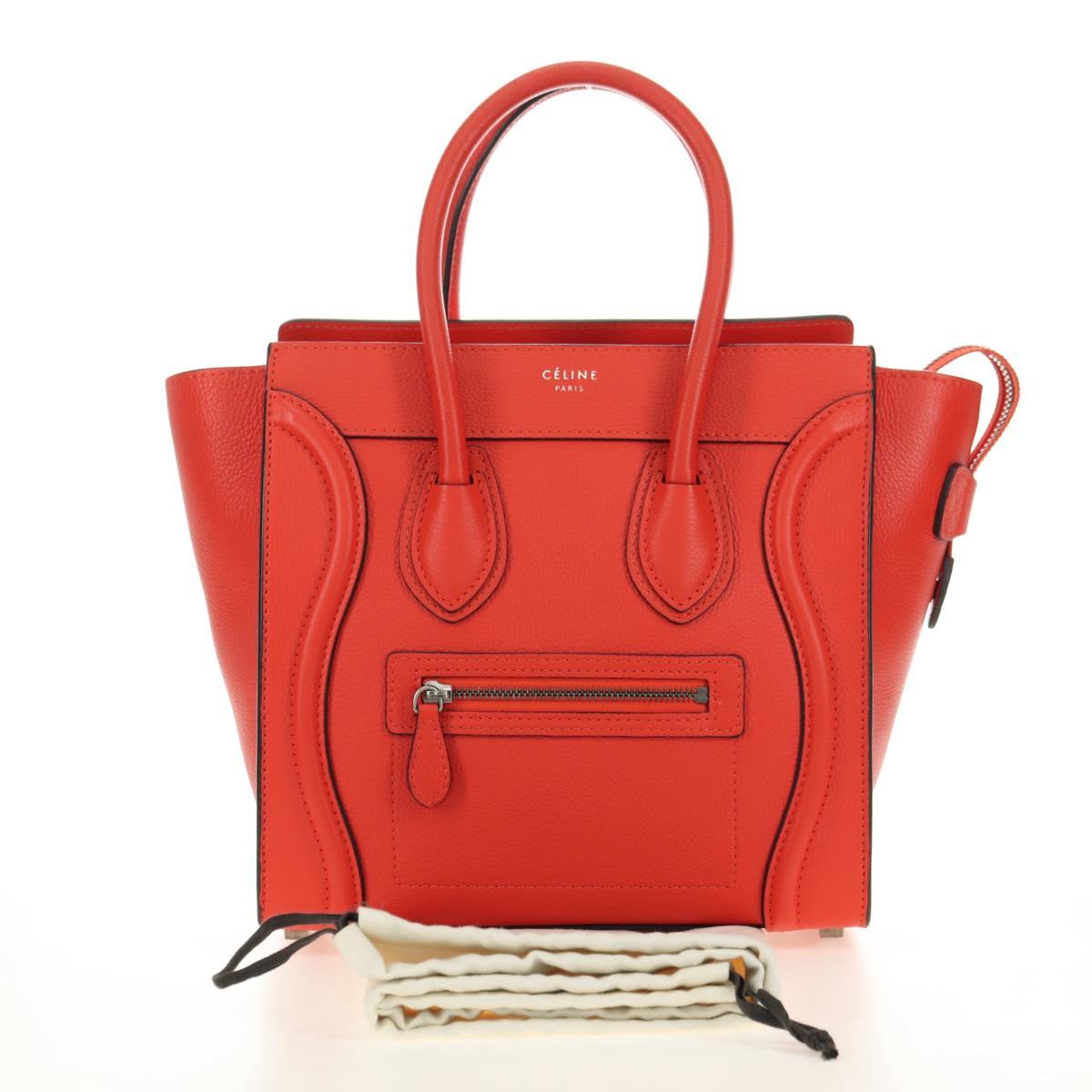 CELINE Luggage Micro Shopper Hand Bag Leather Orange Silver Auth 181472SM