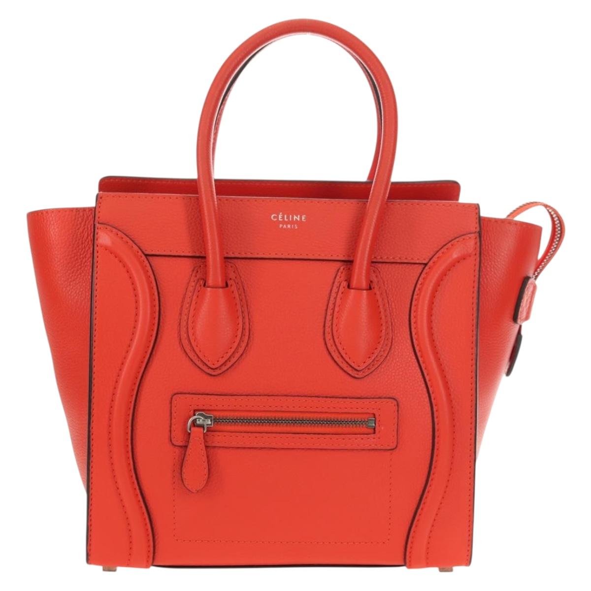 CELINE Luggage Micro Shopper Hand Bag Leather Orange Silver Auth 181472SM