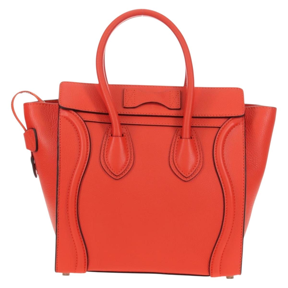 CELINE Luggage Micro Shopper Hand Bag Leather Orange Silver Auth 181472SM