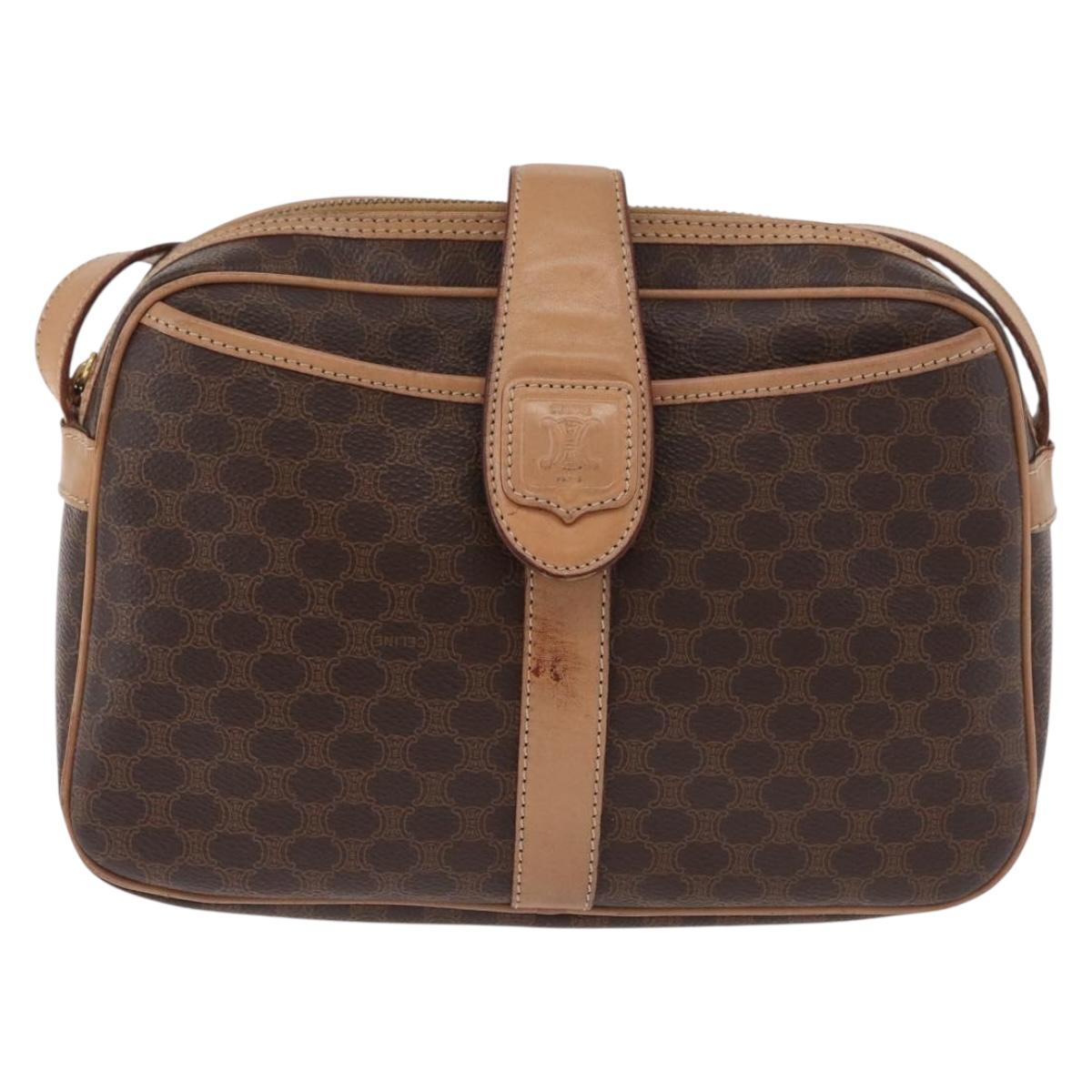CELINE Macadam Canvas Shoulder Bag PVC Leather Brown Gold Auth 181476A