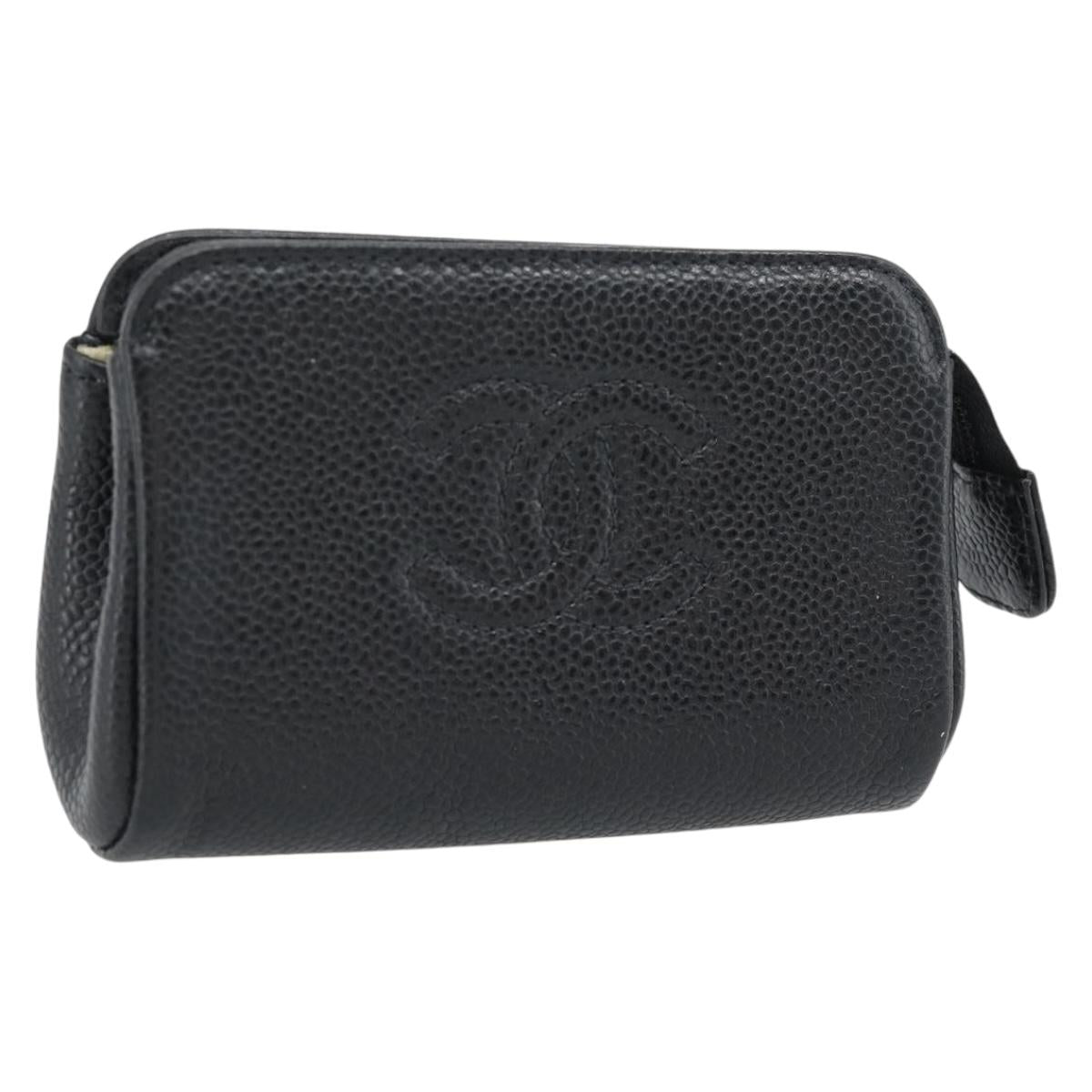 CHANEL COCO Mark Pouch Caviar Skin Black Gold CC Auth 181481