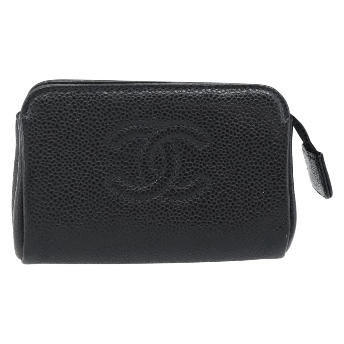 CHANEL COCO Mark Pouch Caviar Skin Black Gold CC Auth 181481