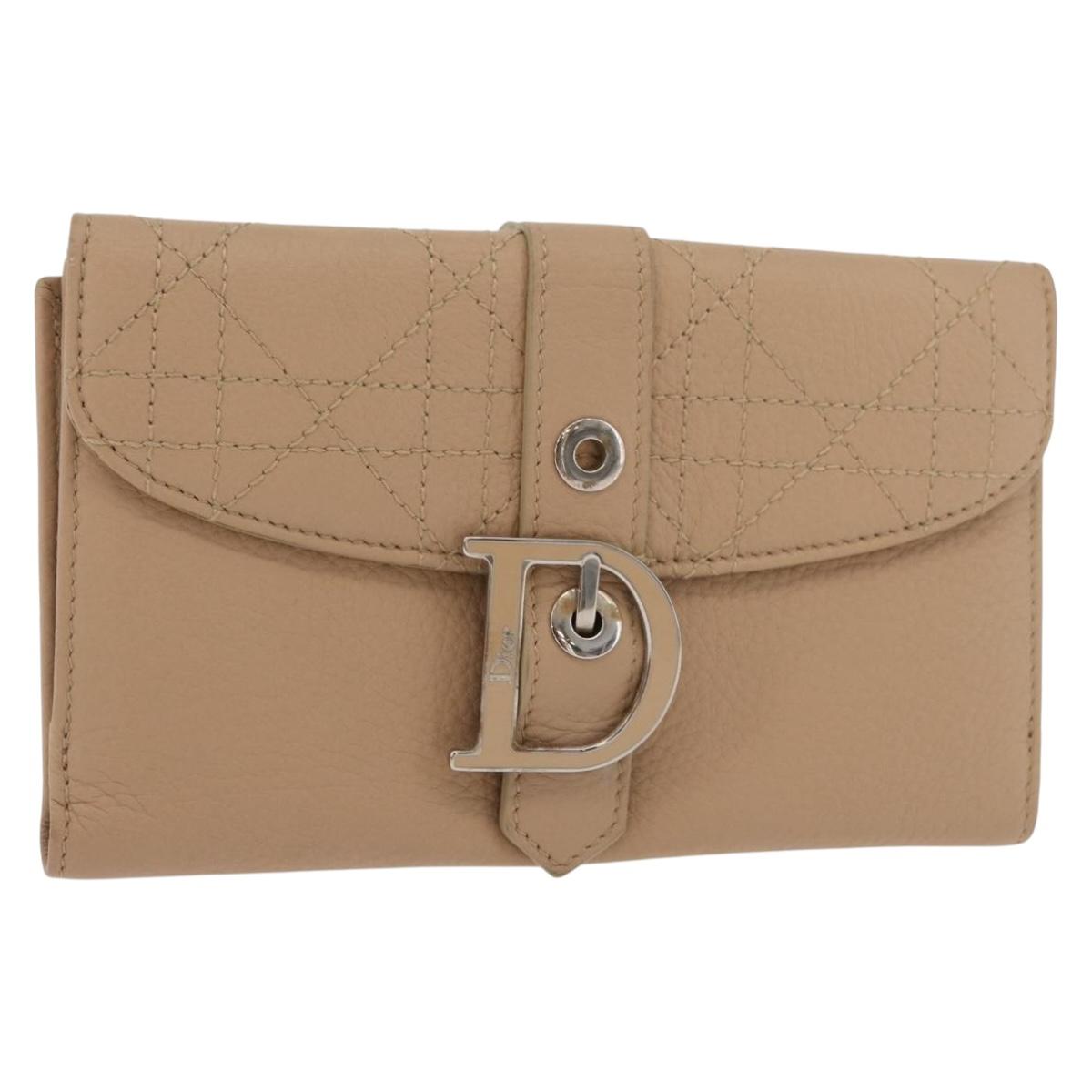 Christian Dior Bifold Wallet Leather Beige Silver Auth 181514