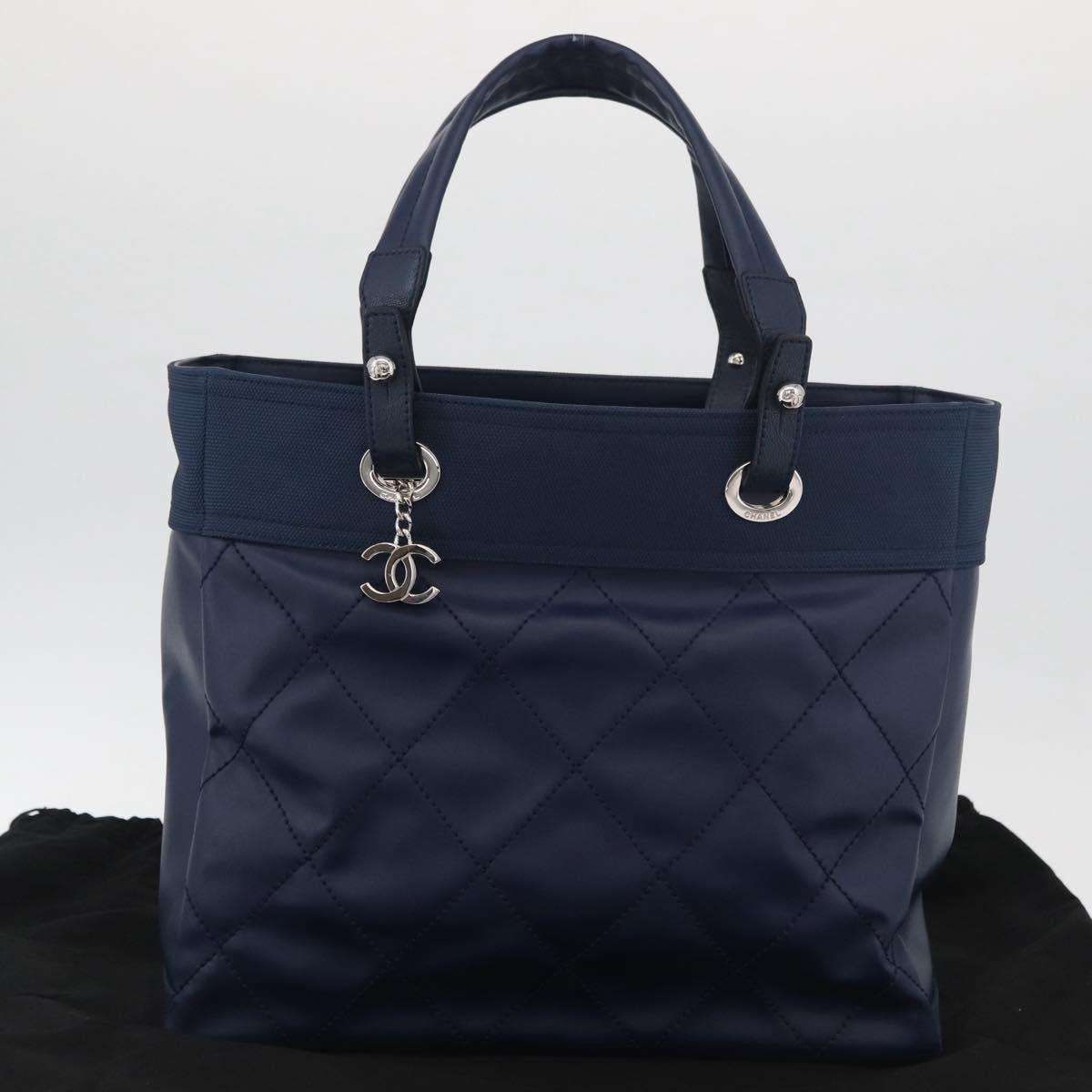 CHANEL Paris Biarritz MM Tote Bag Coated Canvas Navy Silver CC Auth 181519SAV